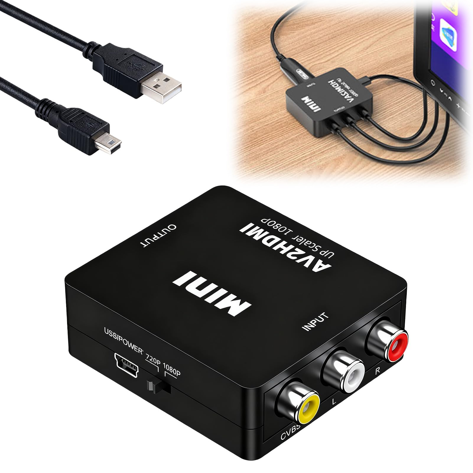 Schwarzer AV2HDMI-Konverter mit USB-Stromversorgung, Cinch-Eingängen und HDMI-Ausgang.