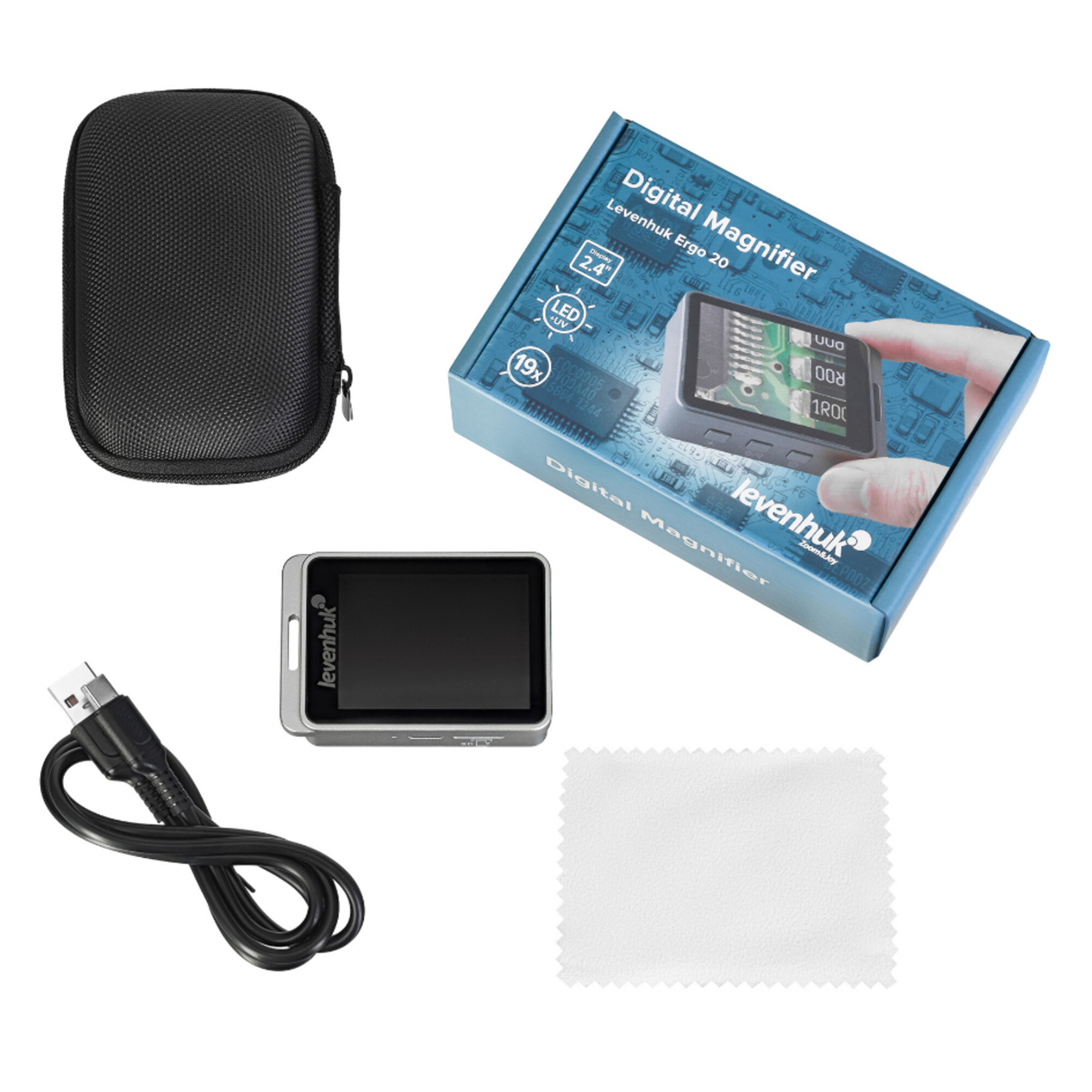 Digitallupe mit Zubehör: Lupe, Ladekabel, Etui, Tuch und Verpackung.