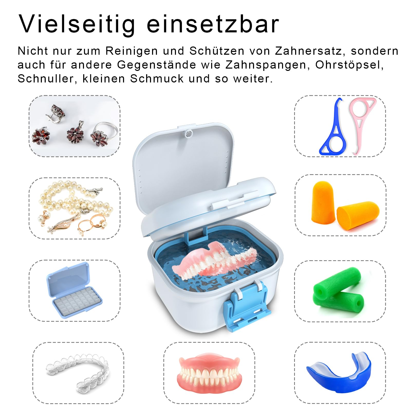 Ein Reinigungsgerät mit Gebiss und verschiedenen Zubehörteilen.