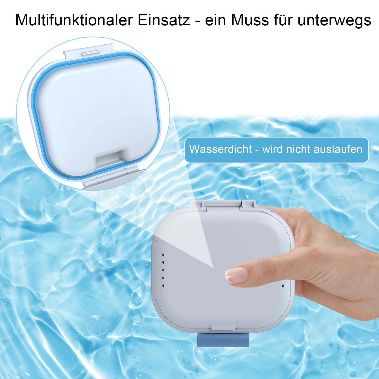 Ein weißer Behälter mit blauem Rand wird von einer Hand über blauem Wasser gehalten.