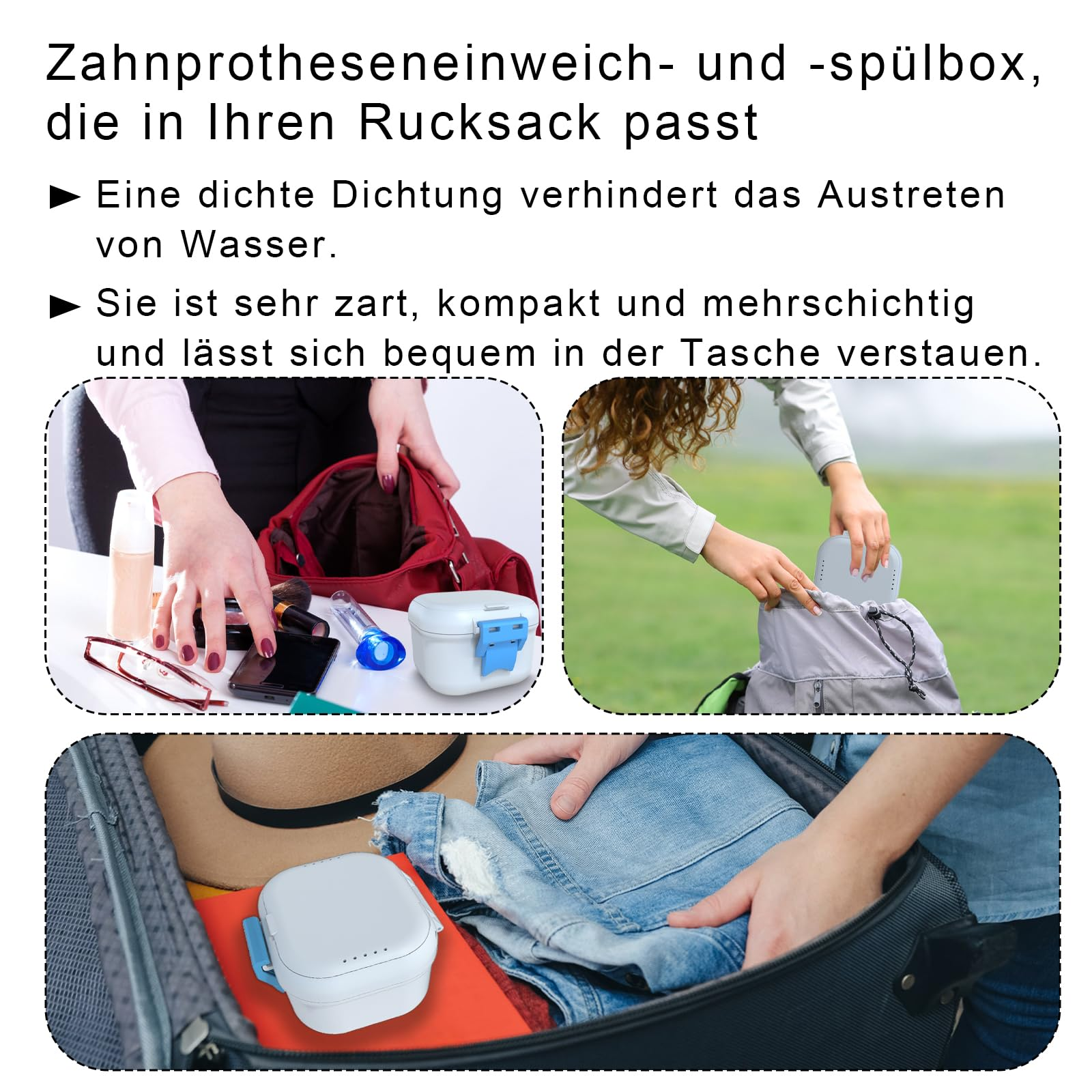 Eine weiße Aufbewahrungsbox wird in einen Rucksack und Koffer gepackt.