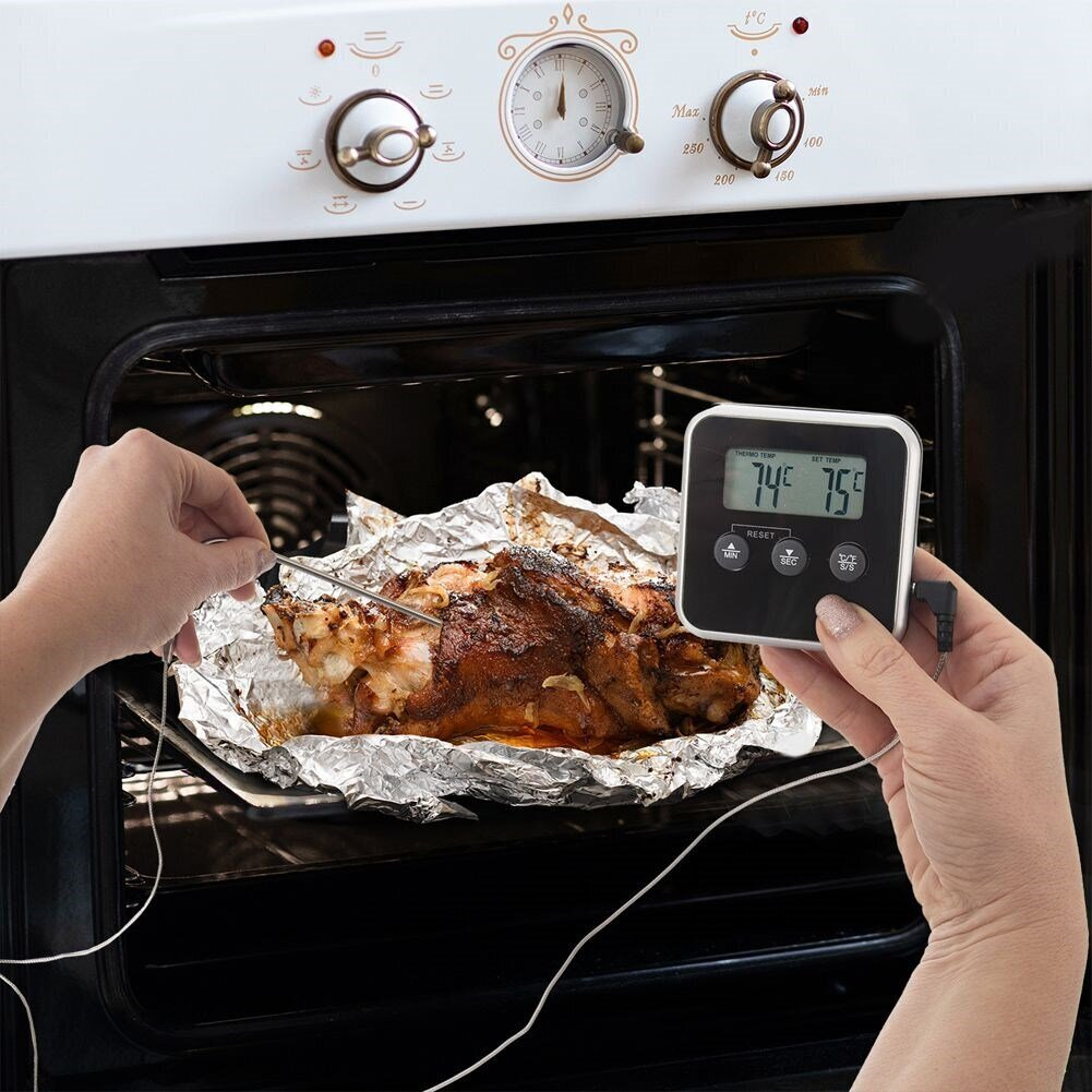 Ein Braten wird im Ofen mit einem digitalen Thermometer gemessen.