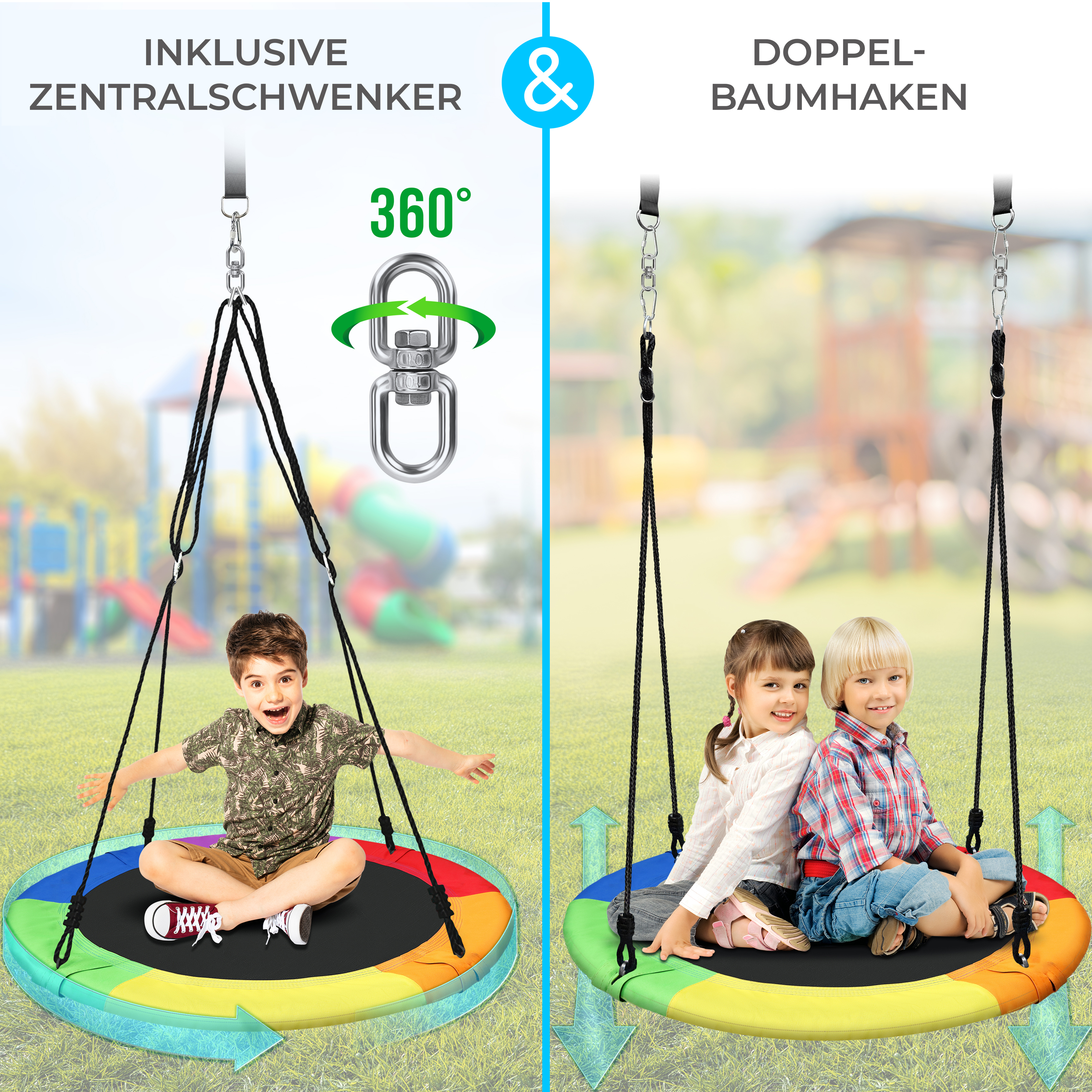 Zwei bunte Kinderschaukelsitze mit Kindern auf einem Spielplatz im Freien.