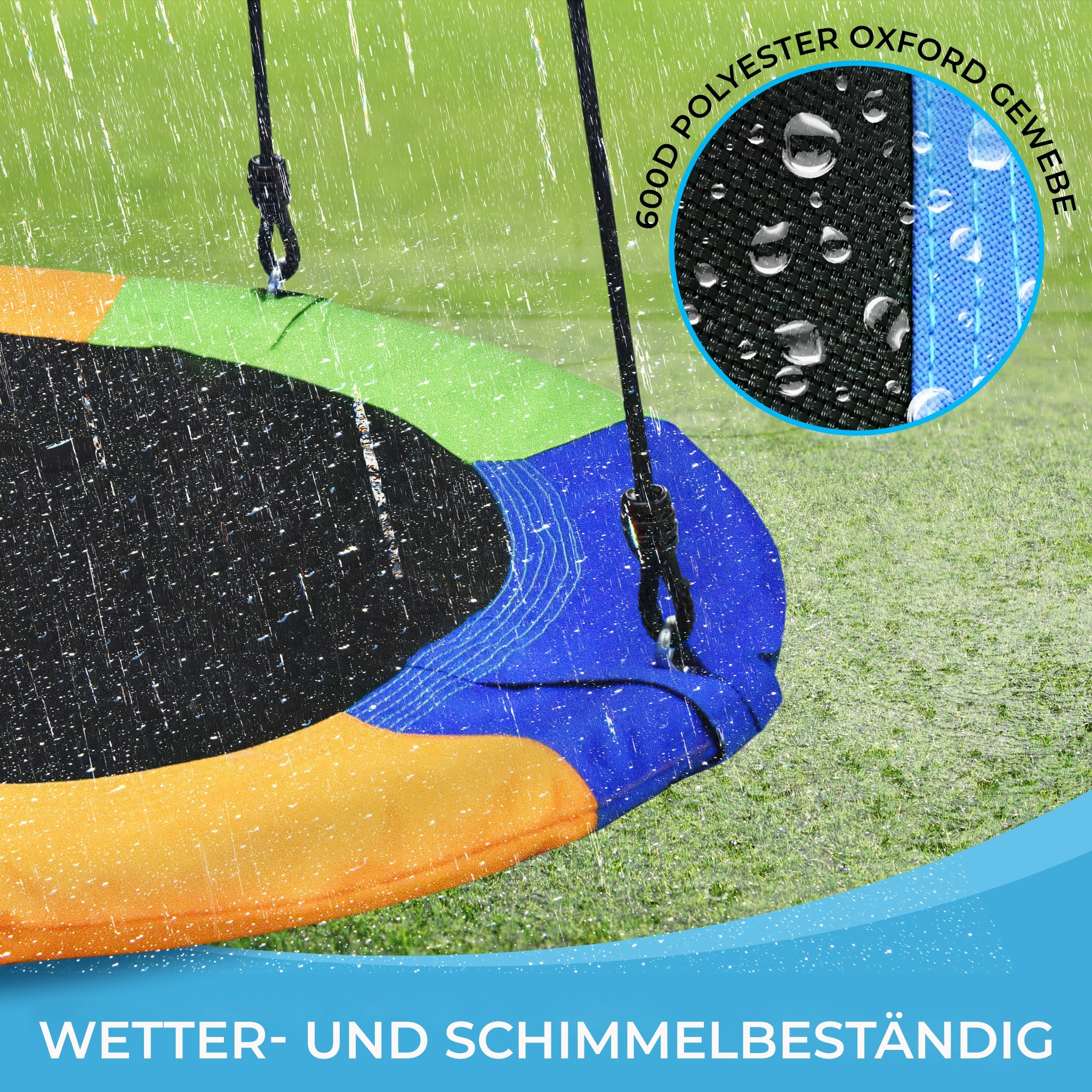 Ein bunter Kinderschwung im Regen mit Text über Wetterbeständigkeit.