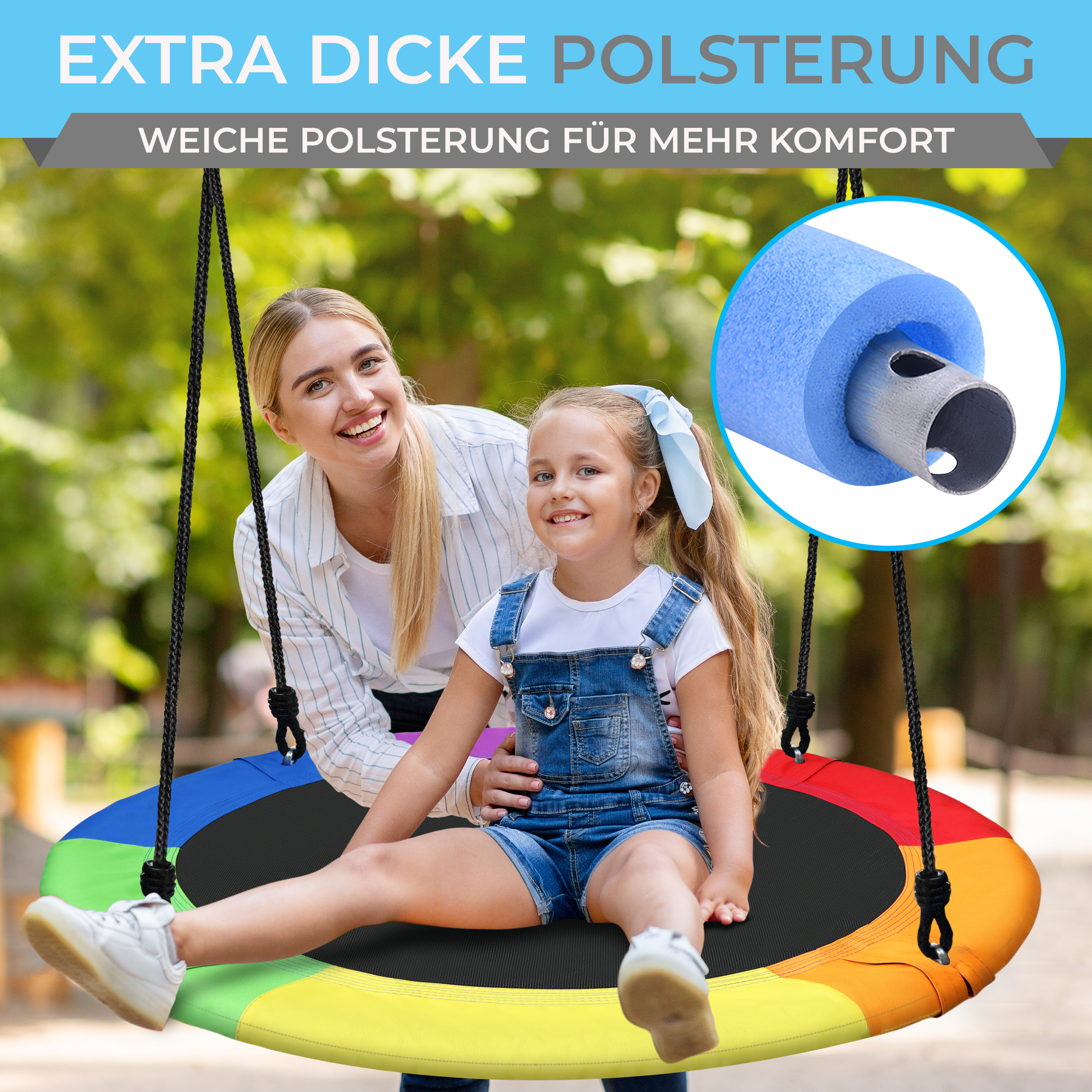 Frau und Kind auf buntem Reifenschwung, mit Detailaufnahme von Polsterung.