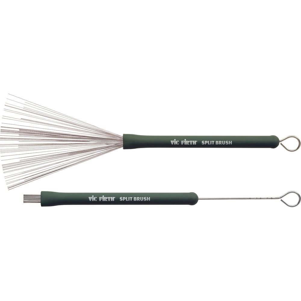 Zwei Vic Firth Split Brushes mit grünen Griffen und silbernen Borsten.