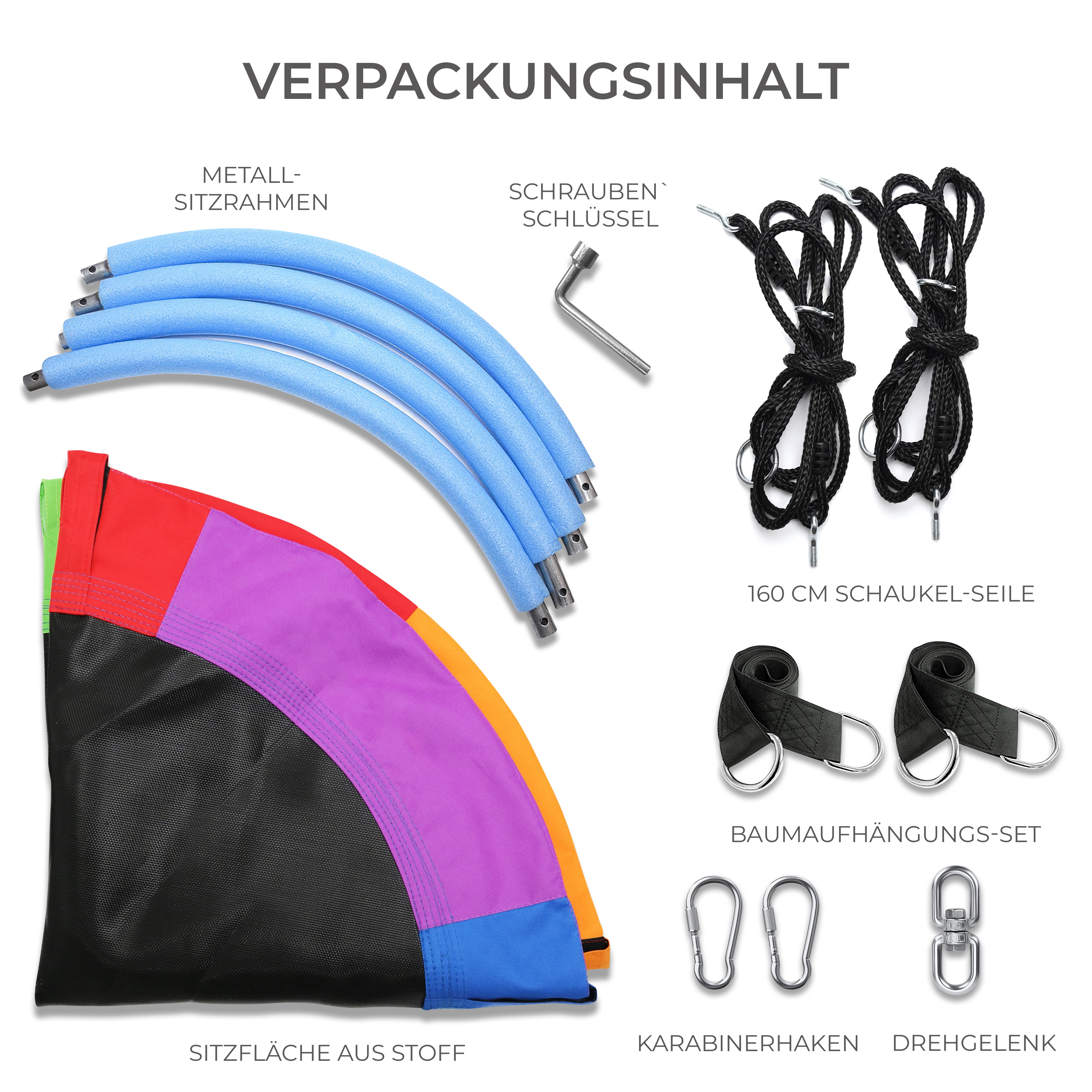 Inhalt einer Verpackung: blaue Rohre, farbige Sitzfläche, Seile, Haken, Schraubenschlüssel.