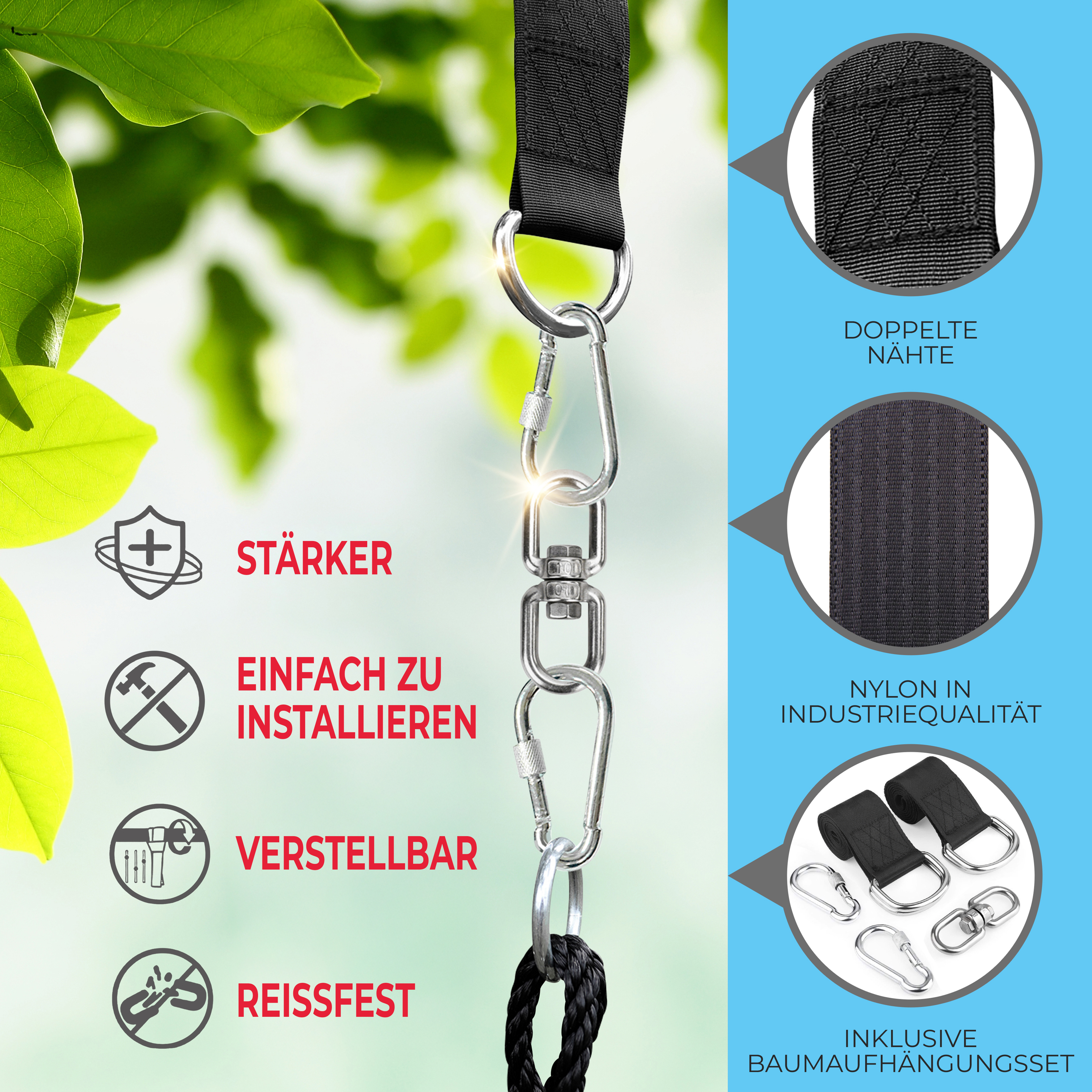 Starke Aufhängung mit Karabinerhaken, Ringen und Nylongurt.