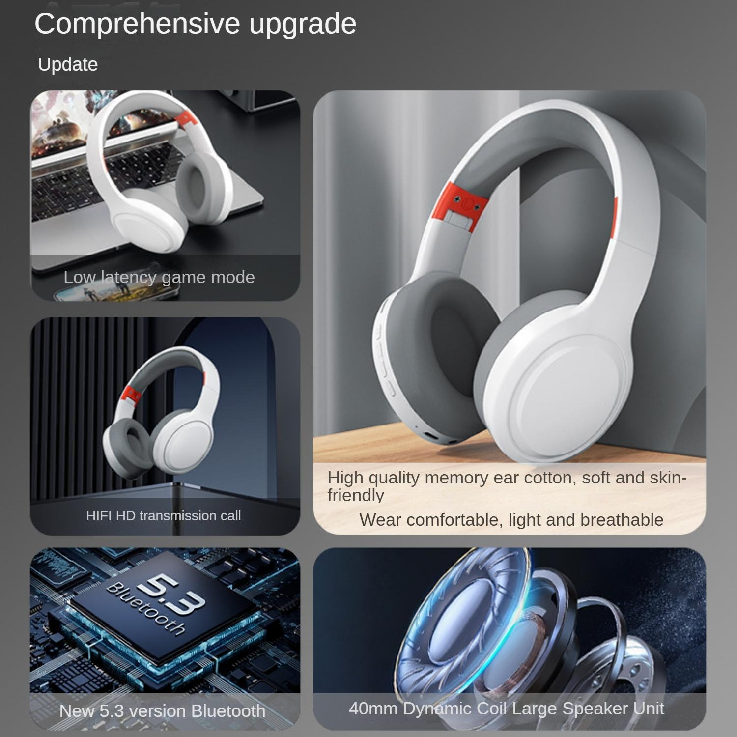 Weiße Kopfhörer mit rotem Akzent: Gaming, HIFI, Bluetooth 5.3, 40-mm-Treiber.