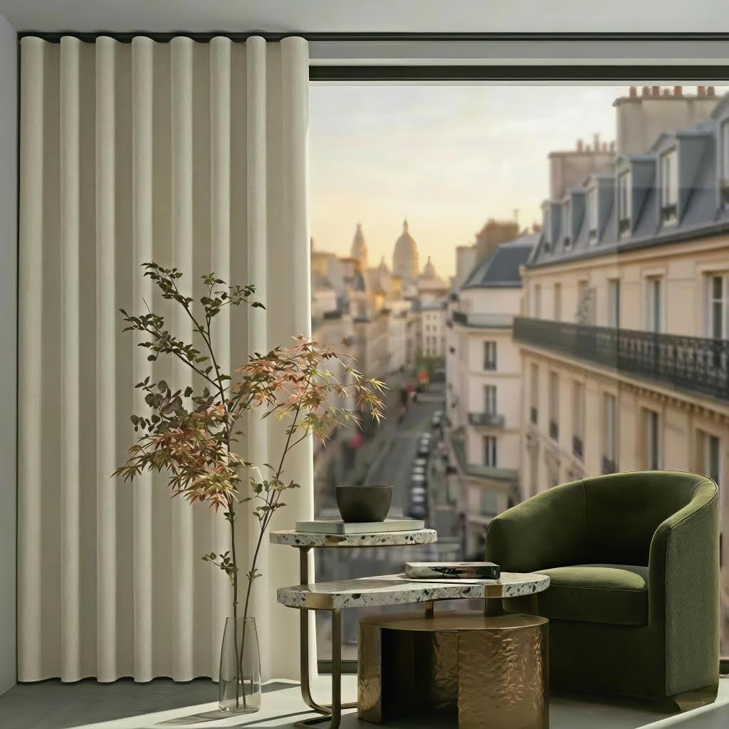 Un sillón verde junto a una mesa junto a la ventana con vistas a París al atardecer.