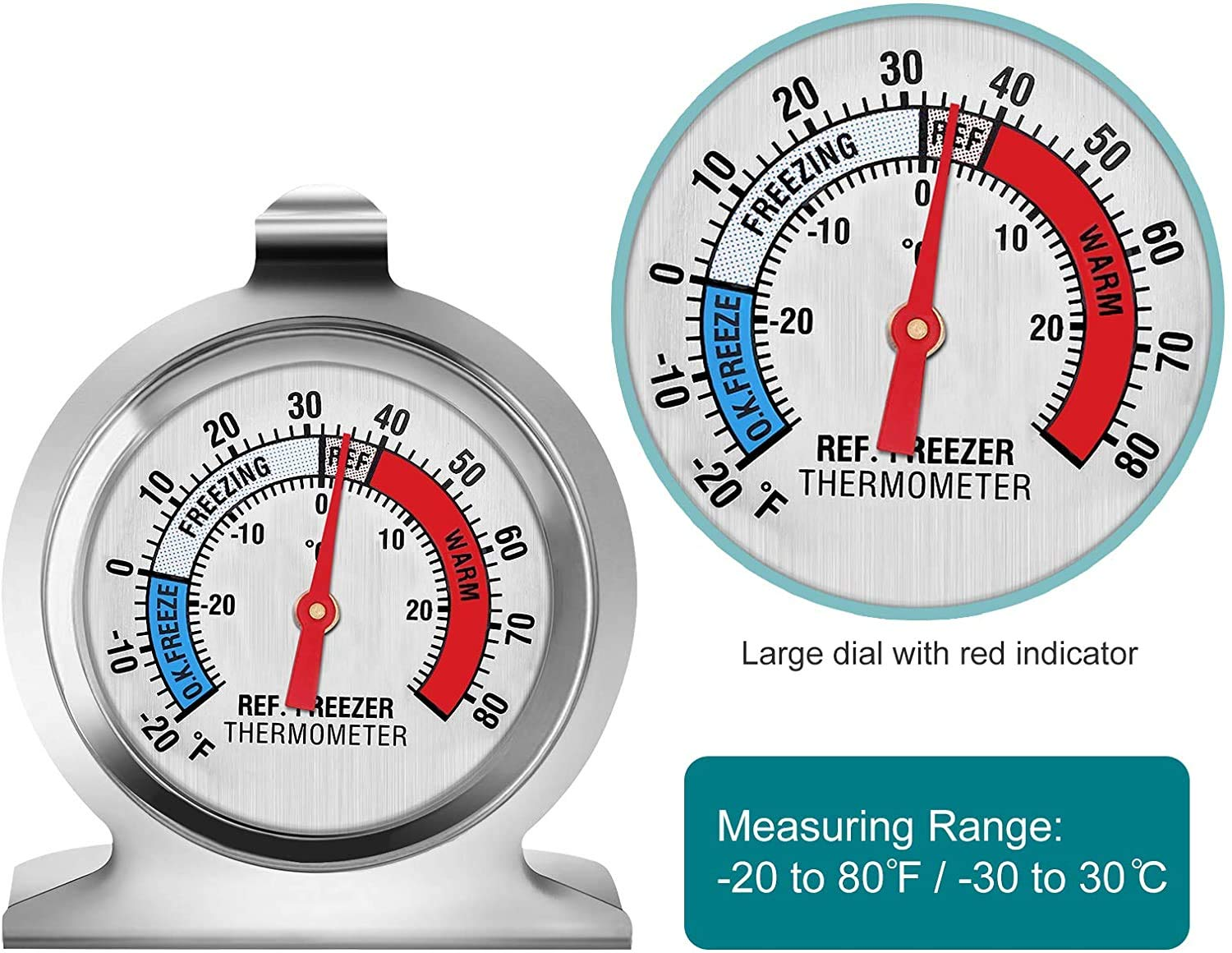 Zwei Kühlschrankthermometer mit roten Zeigern auf einem Zifferblatt mit Fahrenheit- und Celsius-Skalen.