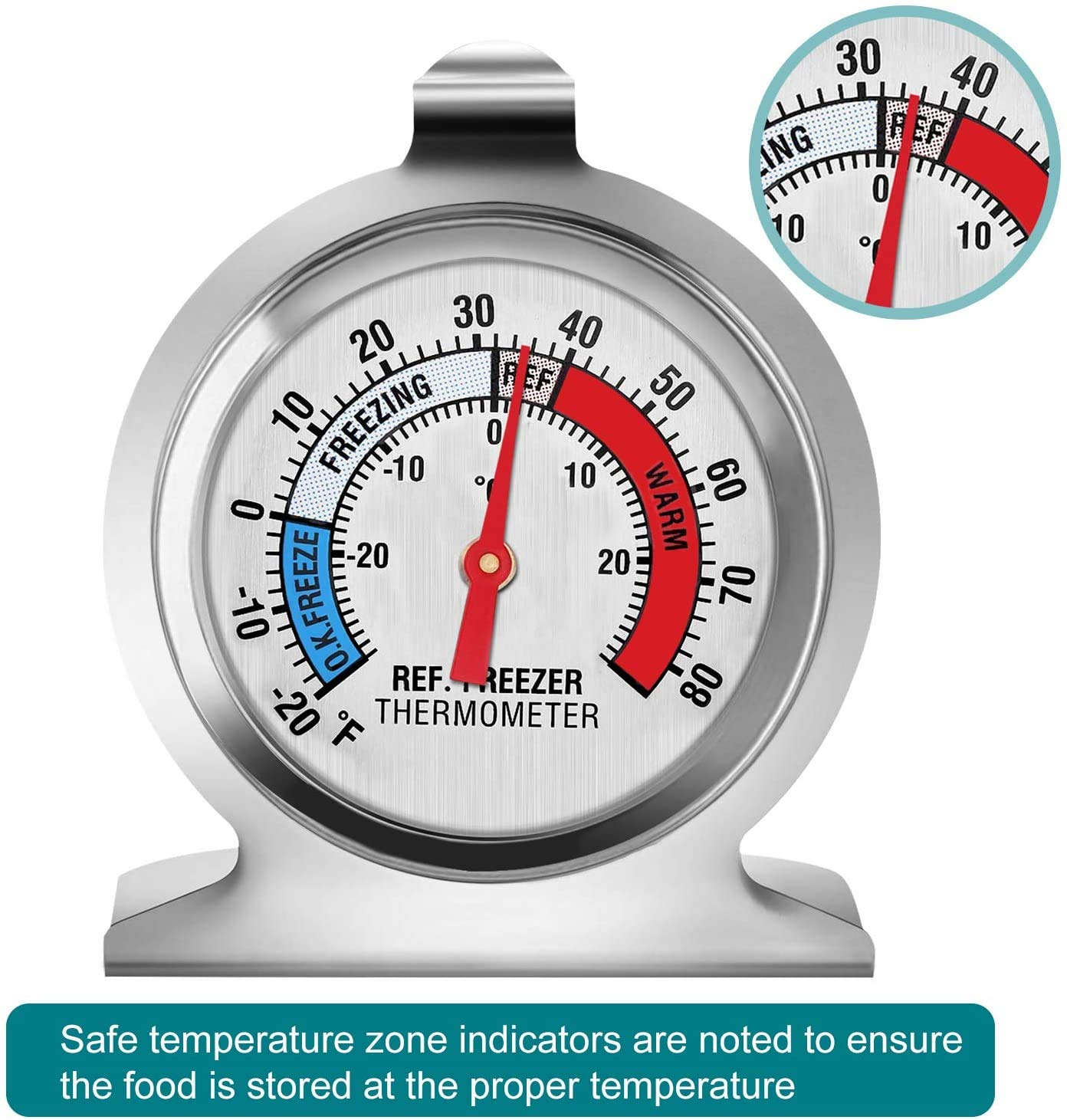 Ein silbernes Gefrierschrankthermometer mit rotem Zeiger auf einer Skala von -20 bis 80 F.