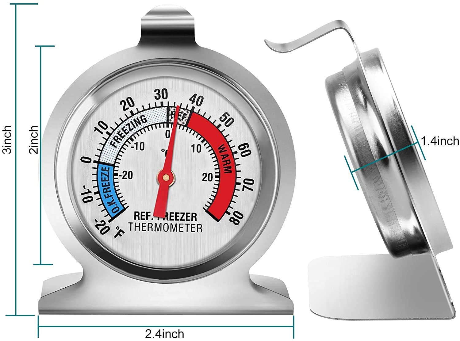 Ein runder Gefrierschrankthermometer aus Metall mit rotem Zeiger, der auf 40°F zeigt.