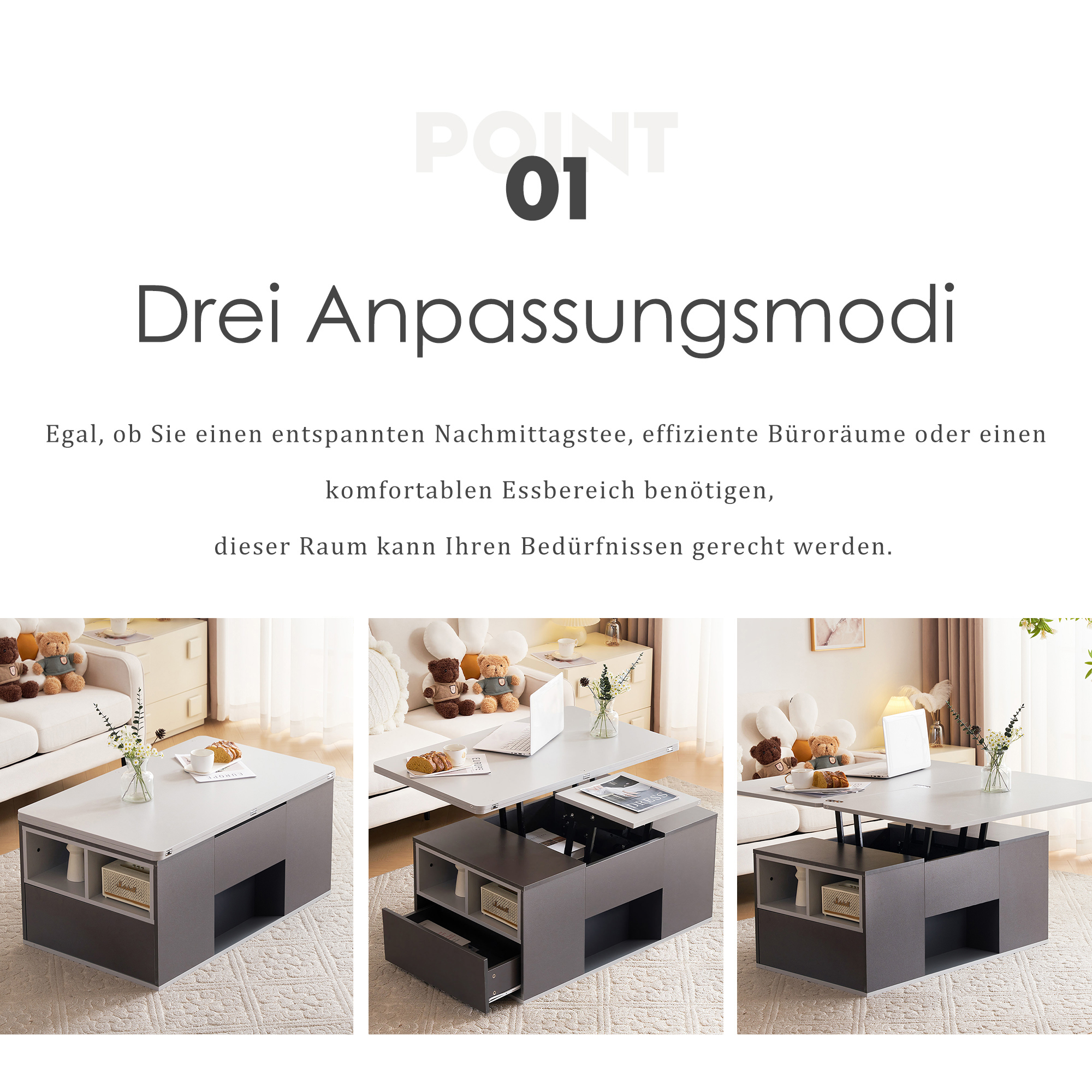 Ein moderner Couchtisch mit ausklappbarer Platte in drei Modi.