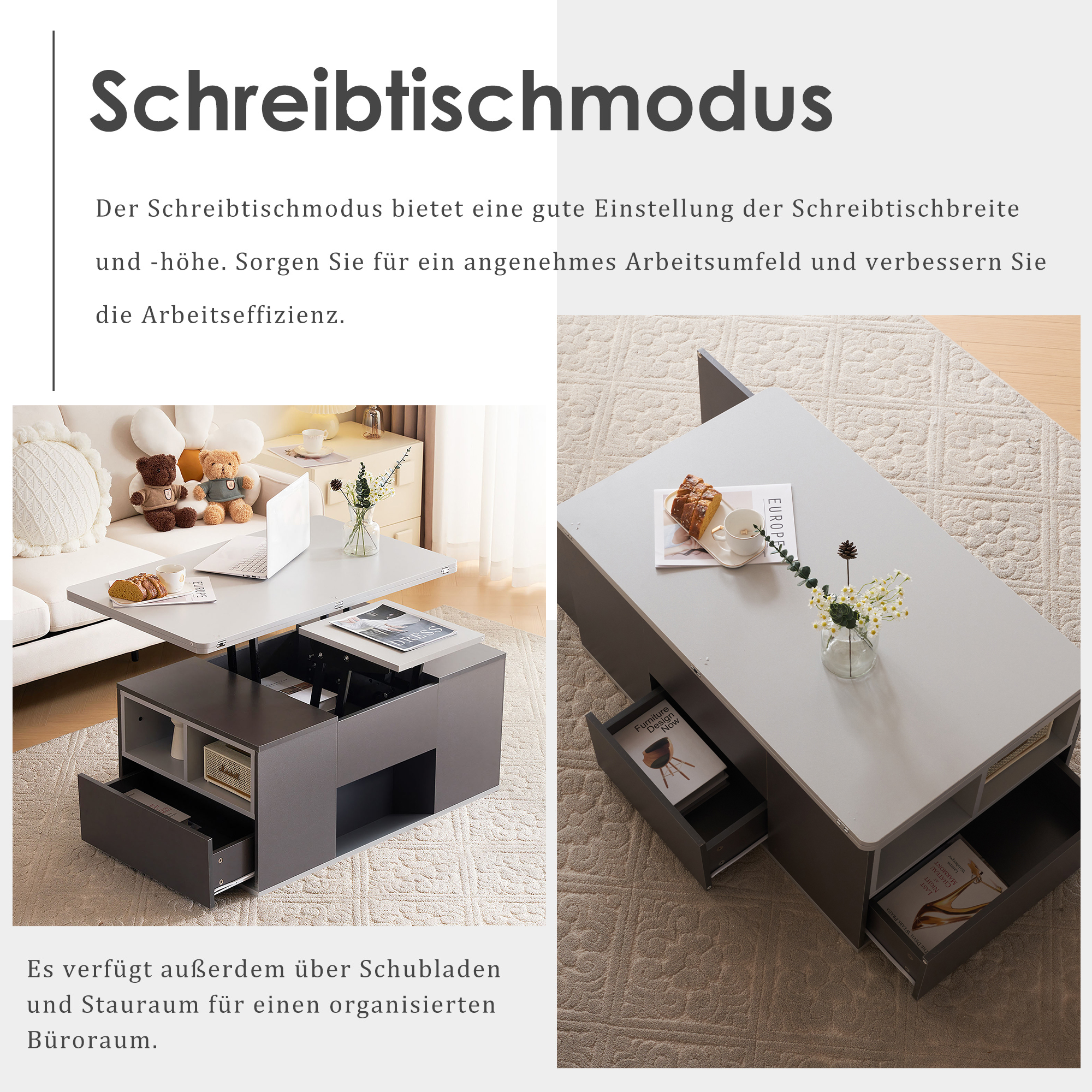 Ein ausziehbarer Schreibtisch mit Büchern, Gebäck und einer Vase auf hellem Teppich.