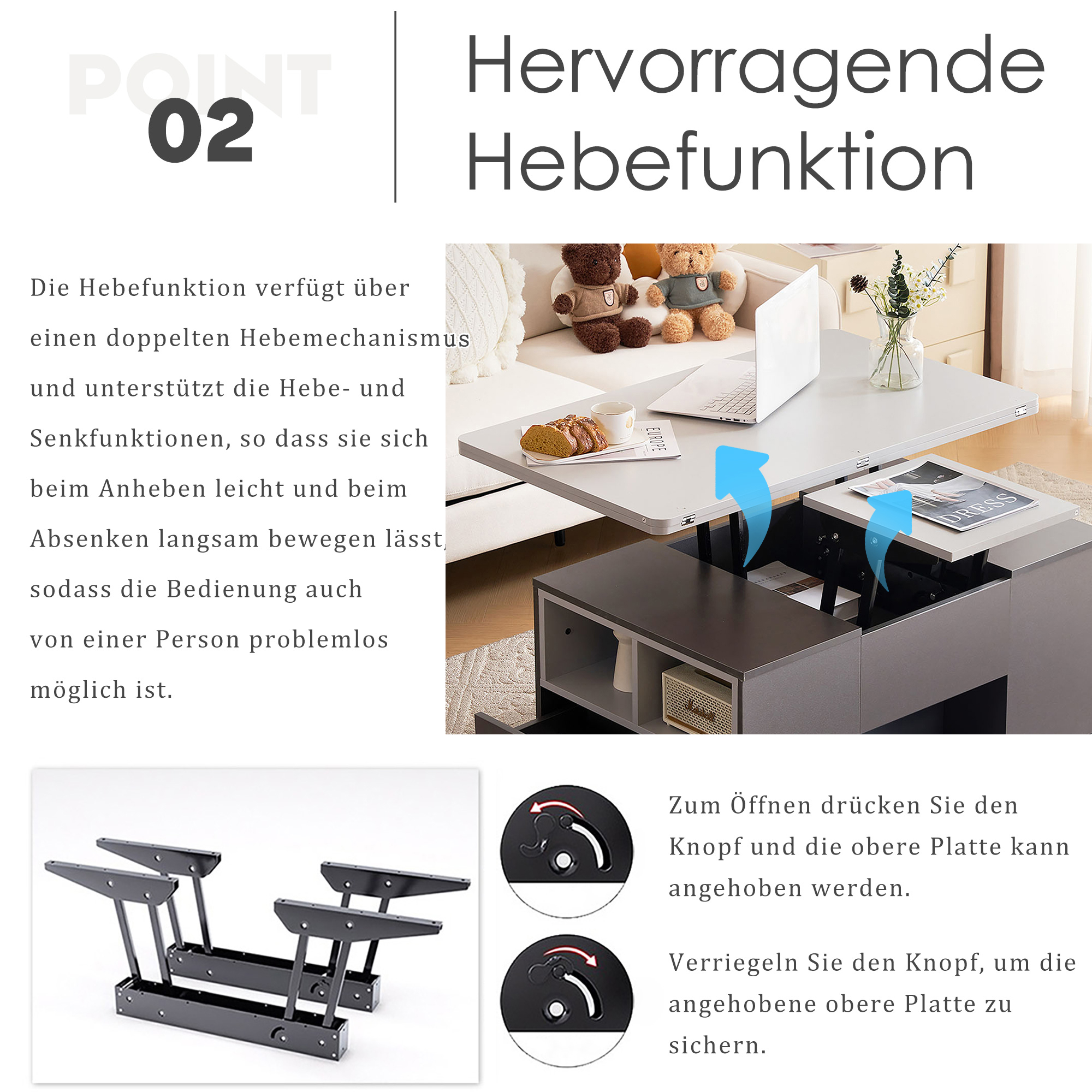 Hebetisch mit Mechanismus, Teddybären, Laptop und Blumen. Anleitung zum Öffnen/Schließen.