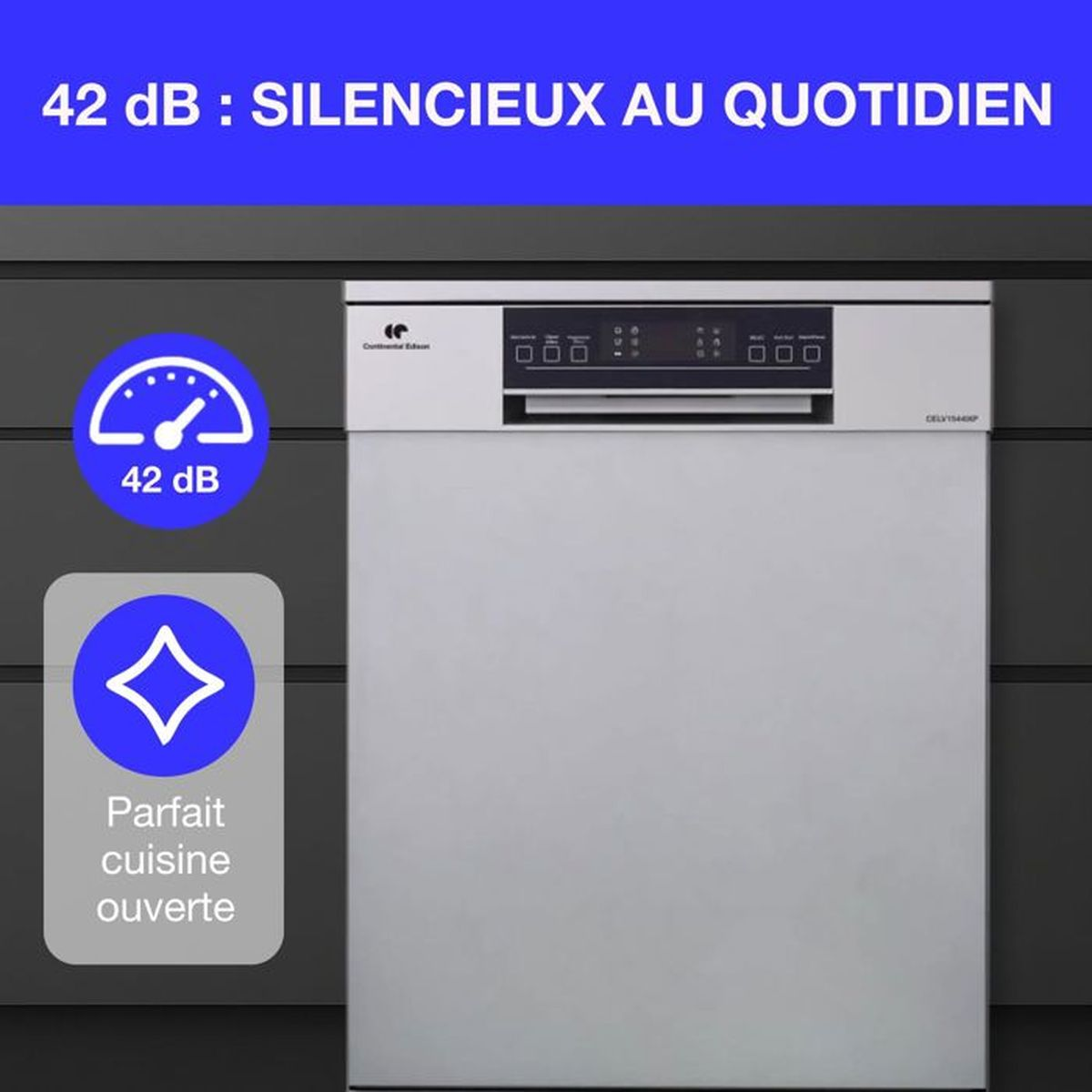 Eine weiße Spülmaschine mit Digitalanzeige und zwei blauen Symbolen. Text: '42 dB'.
