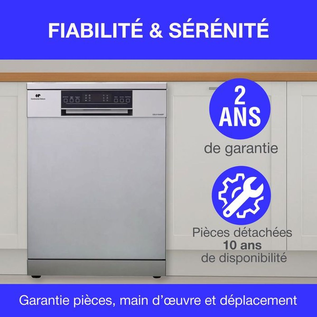 Silberne Spülmaschine mit blauen Symbolen für 2 Jahre Garantie und 10 Jahre Ersatzteilverfügbarkeit.
