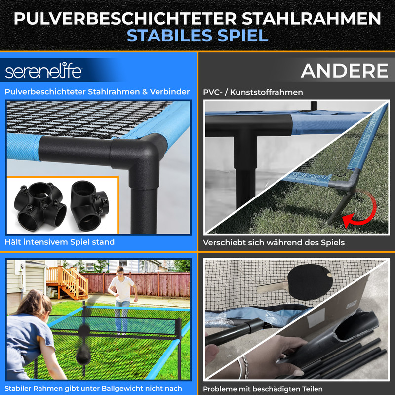 Stahlrahmen-Tischtennisnetz mit blauen Akzenten; im Freien spielende Personen.