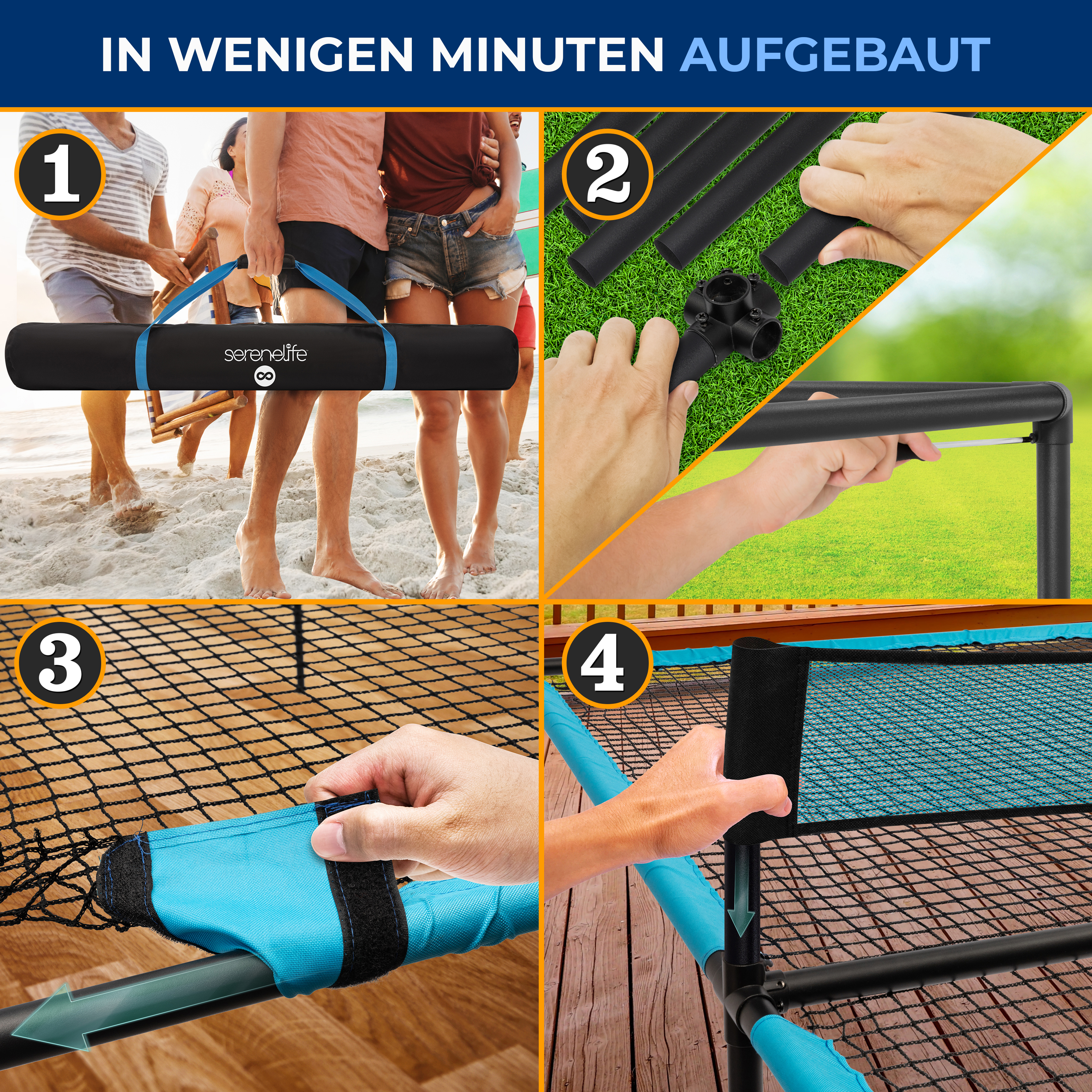 Vier Schritte zum Aufbau eines Netzes: Personen am Strand, Teile verbinden, Netz befestigen, Rahmen montieren.