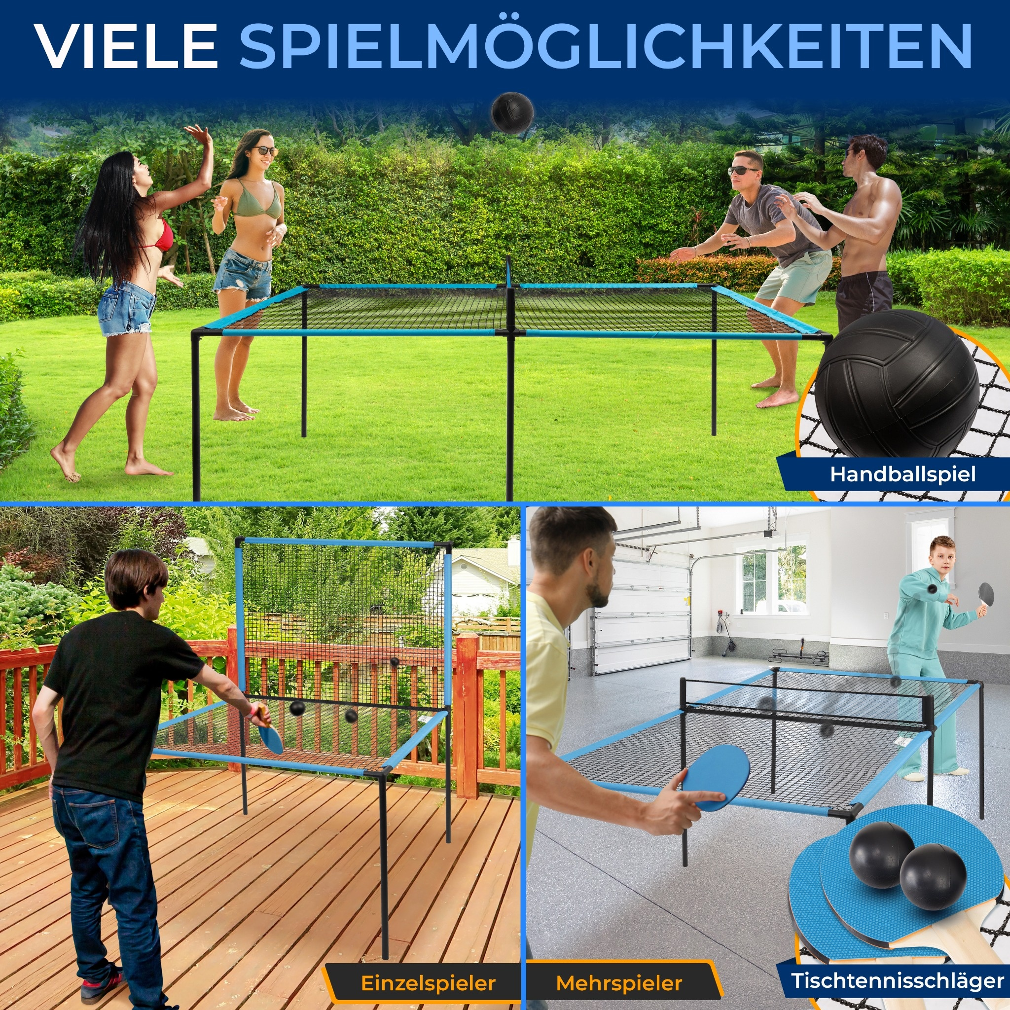 Vier Szenen zeigen ein Netzspiel: draußen im Gras, drinnen im Haus und auf einer Terrasse.