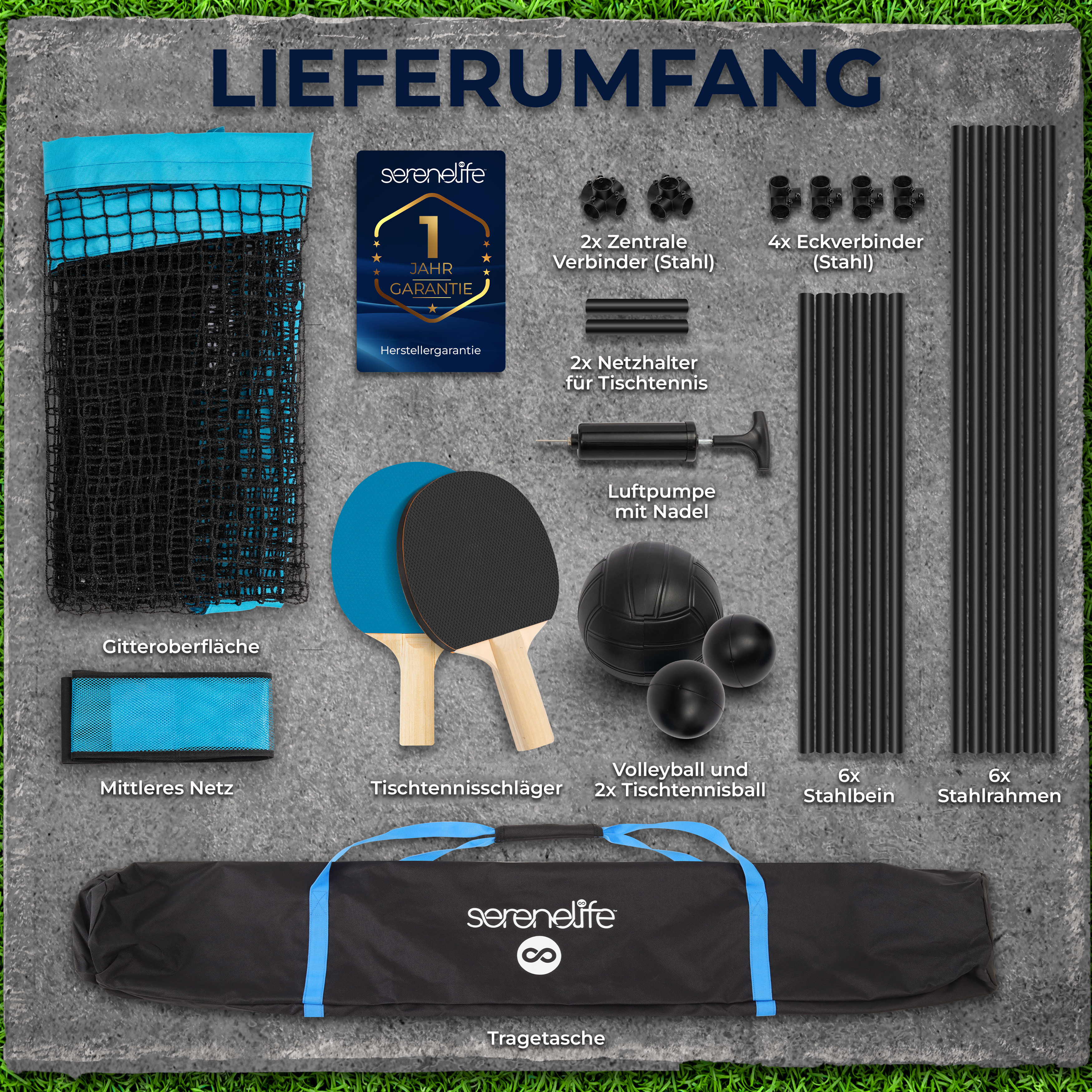 Umfangreiche Tischtennis-Ausrüstung: Netz, Schläger, Bälle, Pumpe, Halter, Verbinder, Beine und Rahmen.