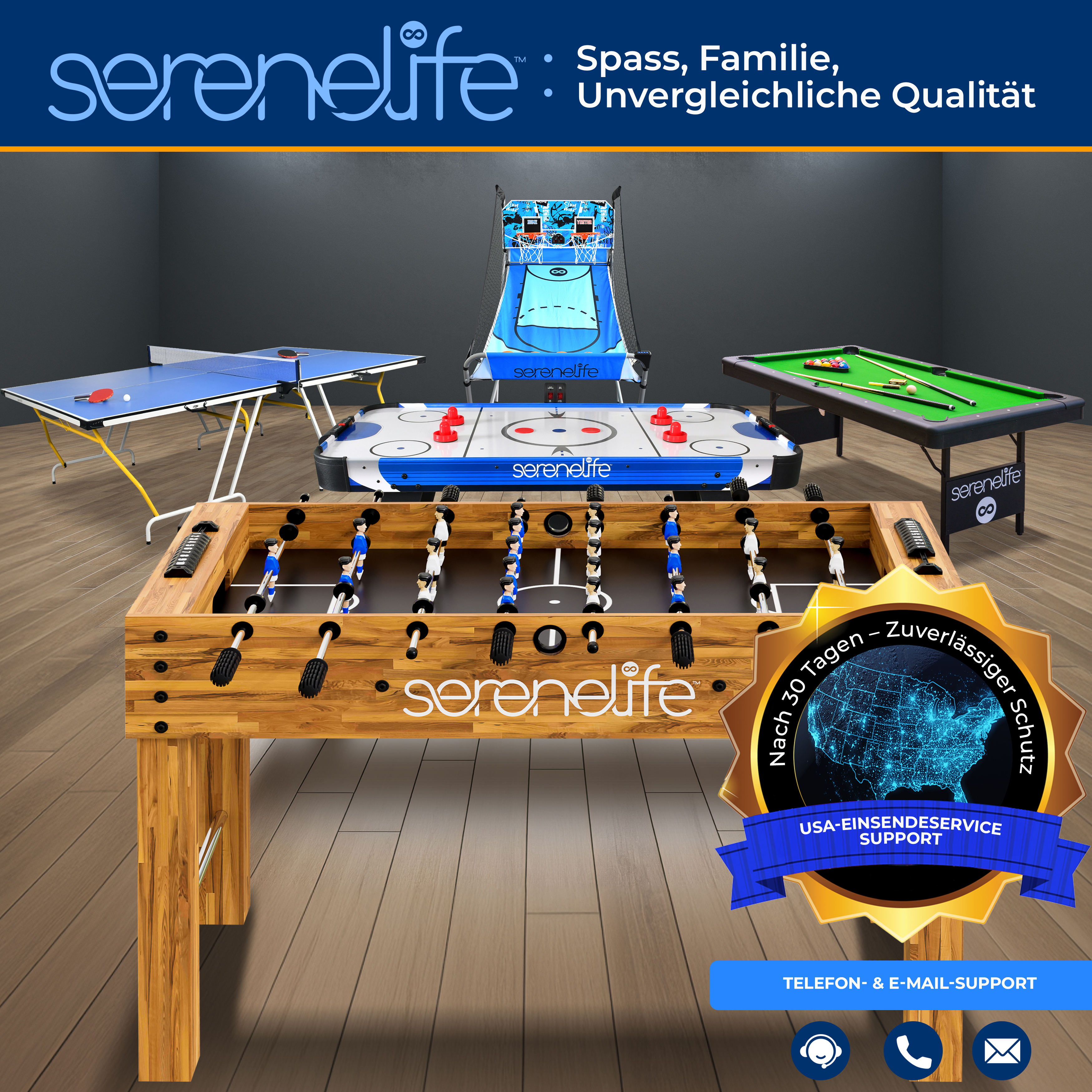 Mehrere Spiele wie Tischtennis, Airhockey, Billard und Kicker sind aufgestellt.
