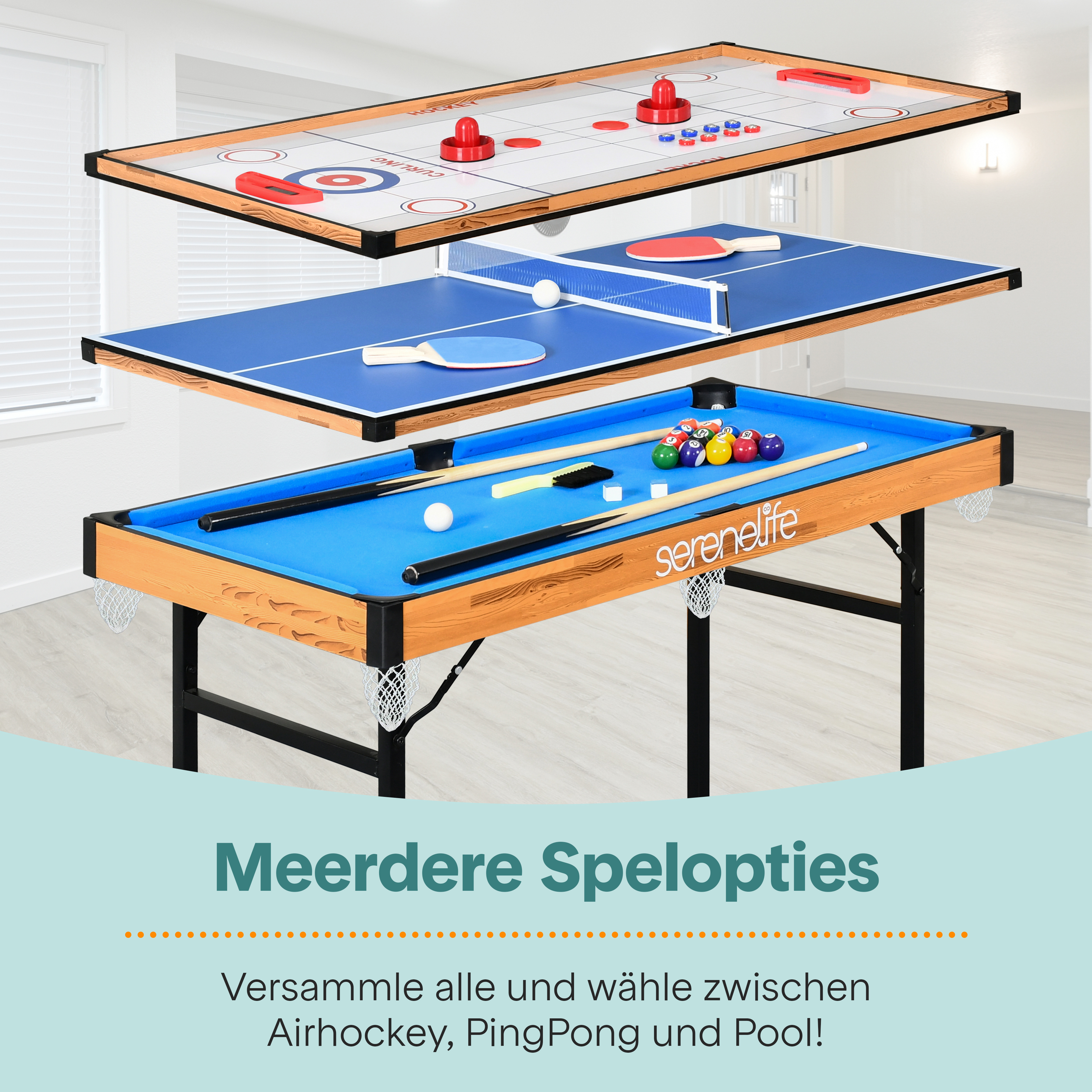 Ein Mehrzweckspieltisch mit Airhockey, Tischtennis und Pool.