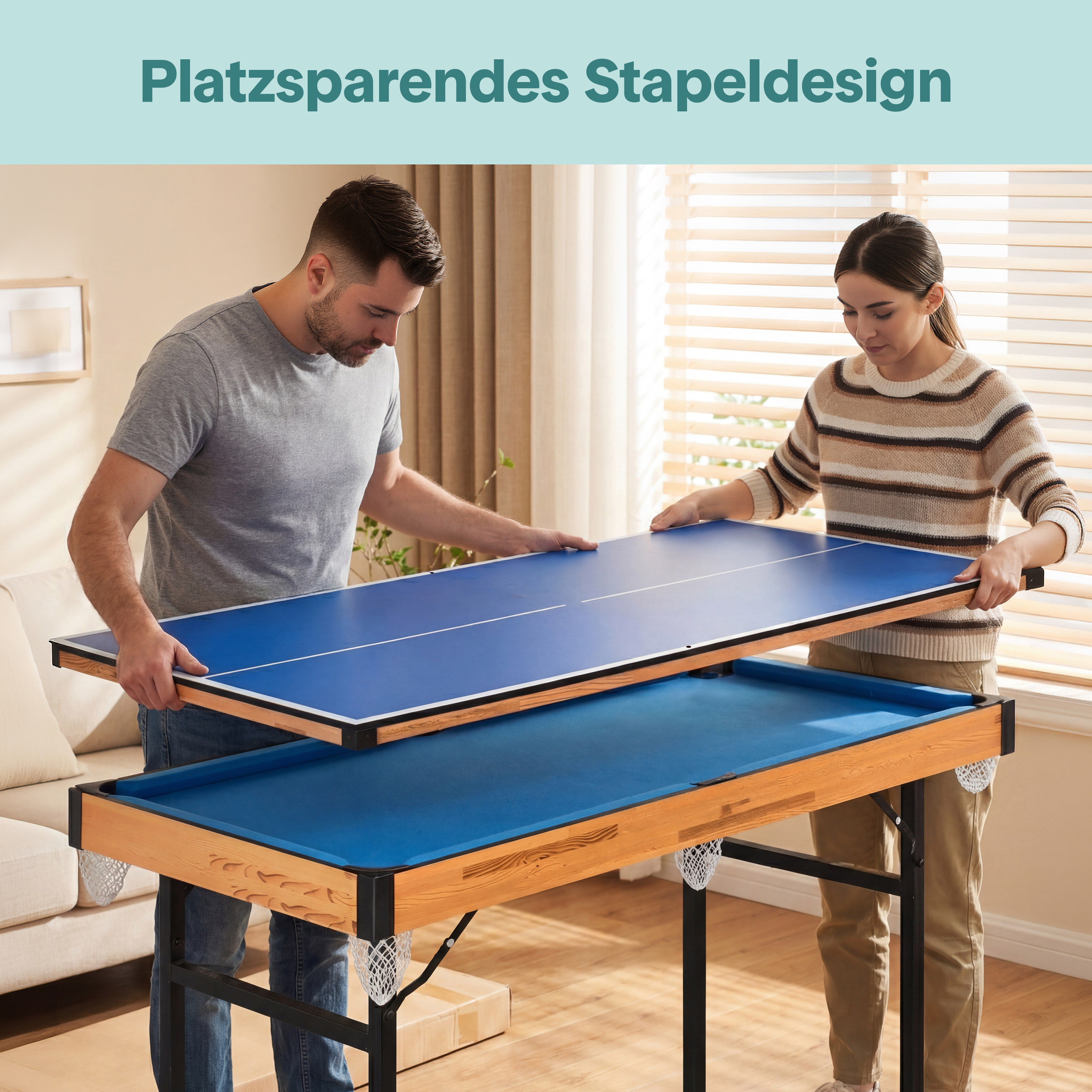 Mann und Frau montieren eine blaue Tischtennisplatte auf einem Billardtisch.