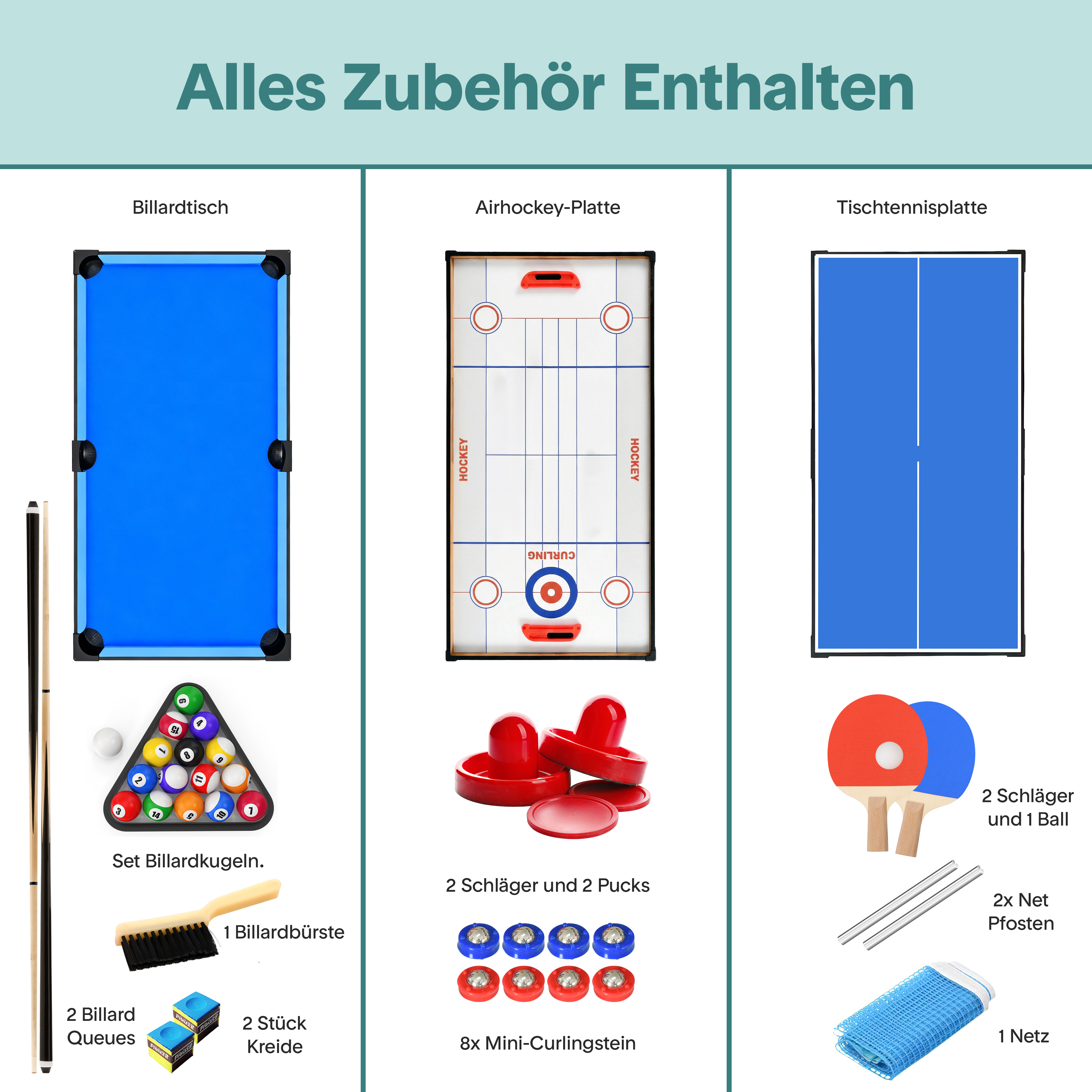 Billardtisch, Airhockey-Platte, Tischtennisplatte mit Zubehör.