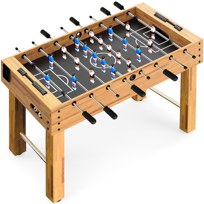 Ein hölzerner Tischfußballtisch mit blauen und weißen Teams, bereit für ein Spiel.