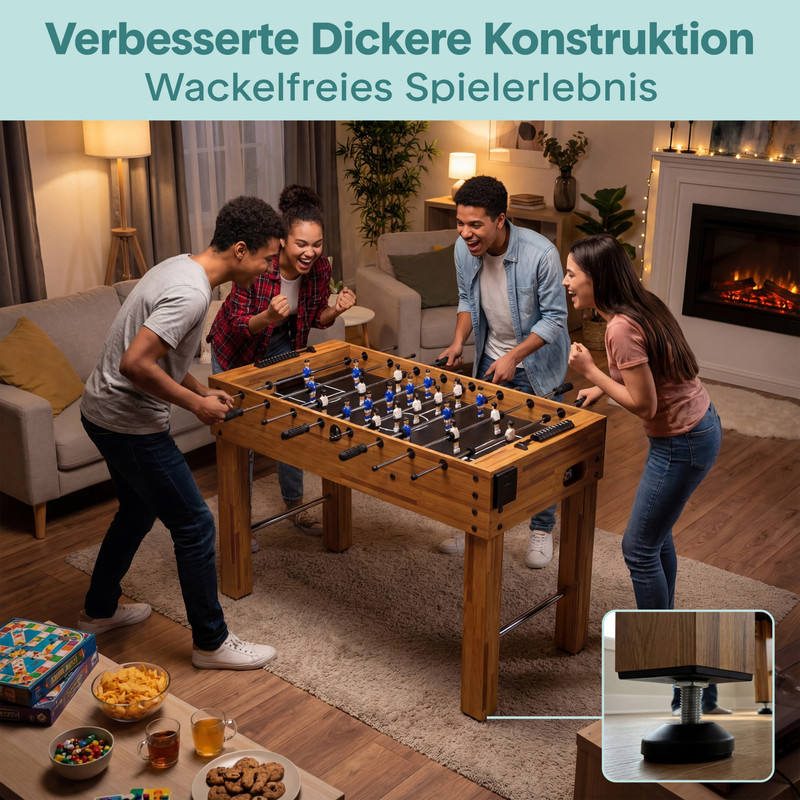 Vier Freunde spielen Tischfußball in einem Wohnzimmer. Nahaufnahme zeigt verstellbare Tischfüße.
