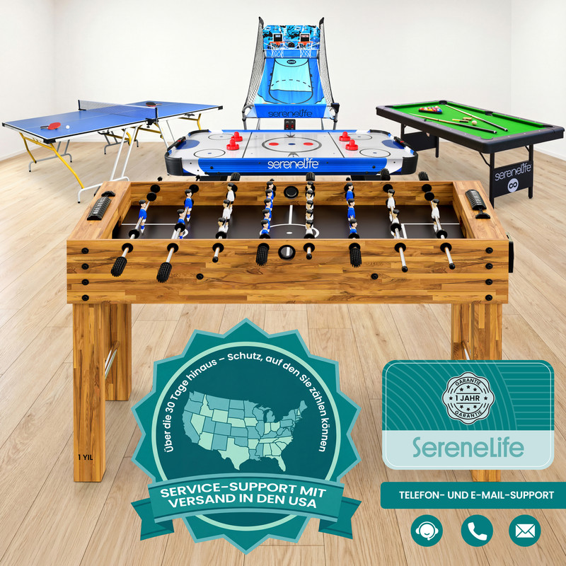 Holz-Kicker, Airhockey, Pool und Basketball Spiele mit SereneLife Logo.
