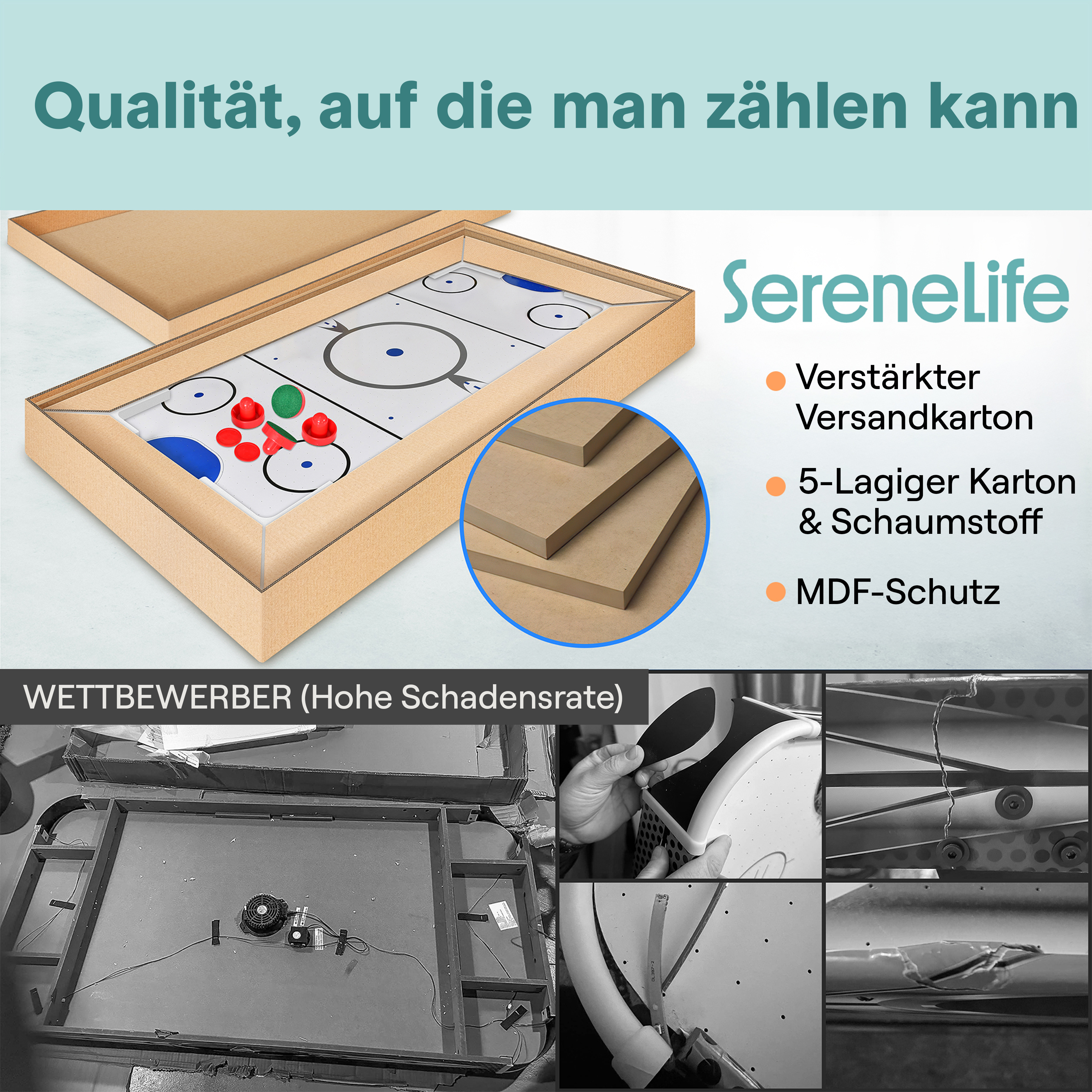 Luft-Hockeytisch in Kartonverpackung, mit Materialdetails und Wettbewerbsvergleich.
