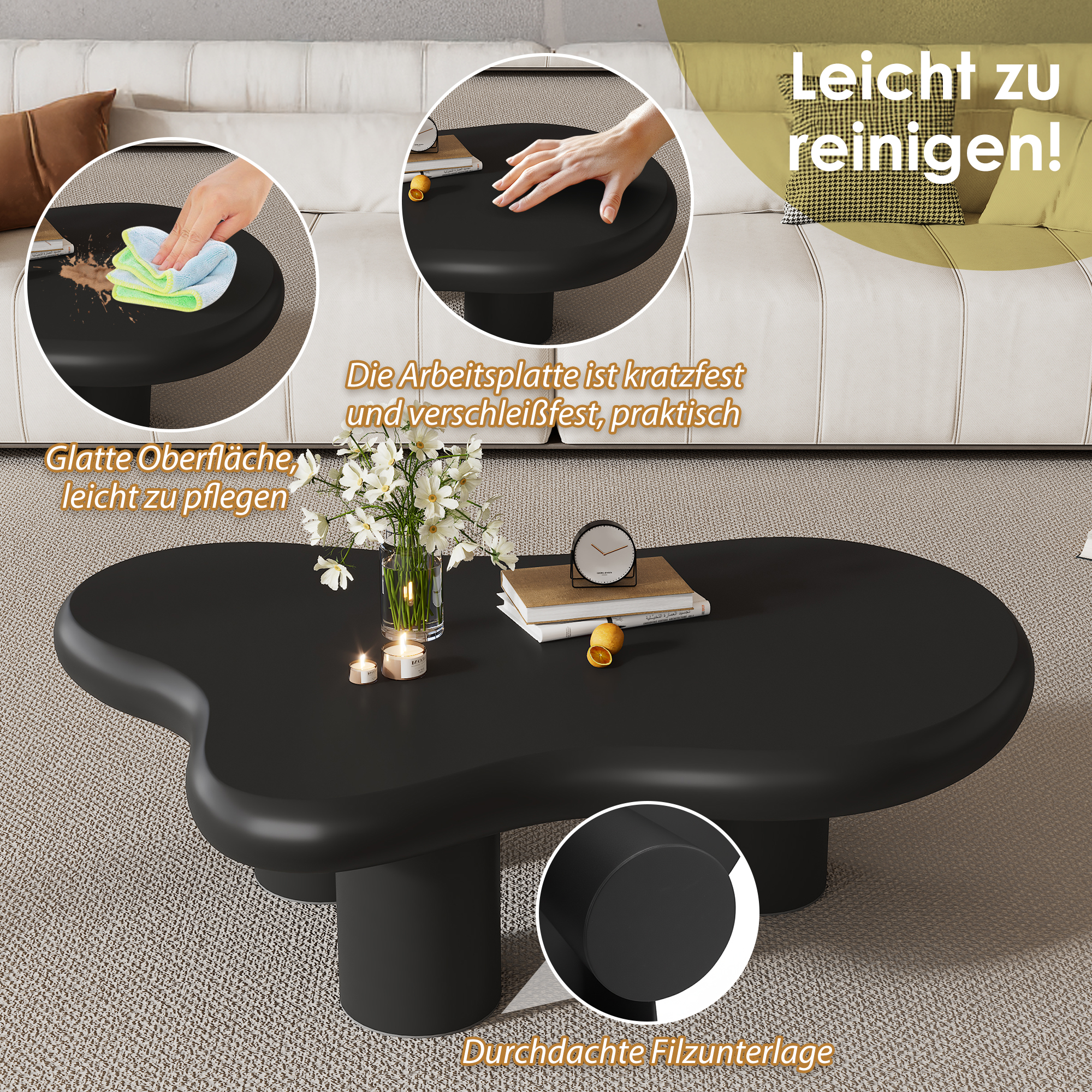 Schwarzer Couchtisch mit Blumen, Kerzen und Büchern. Leicht zu reinigen.