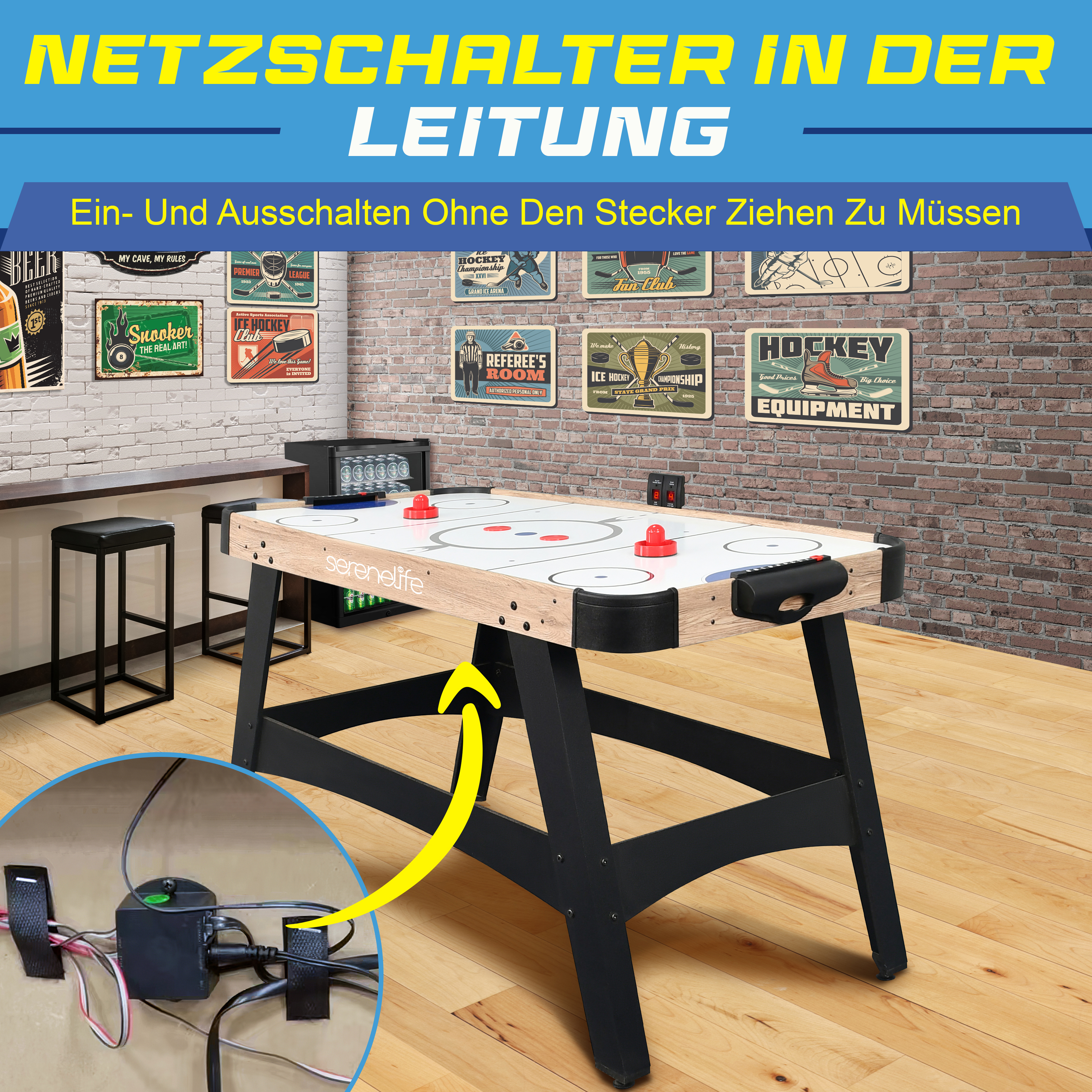 Ein Airhockeytisch mit Dekoschildern und Detailaufnahme des Netzschalters.