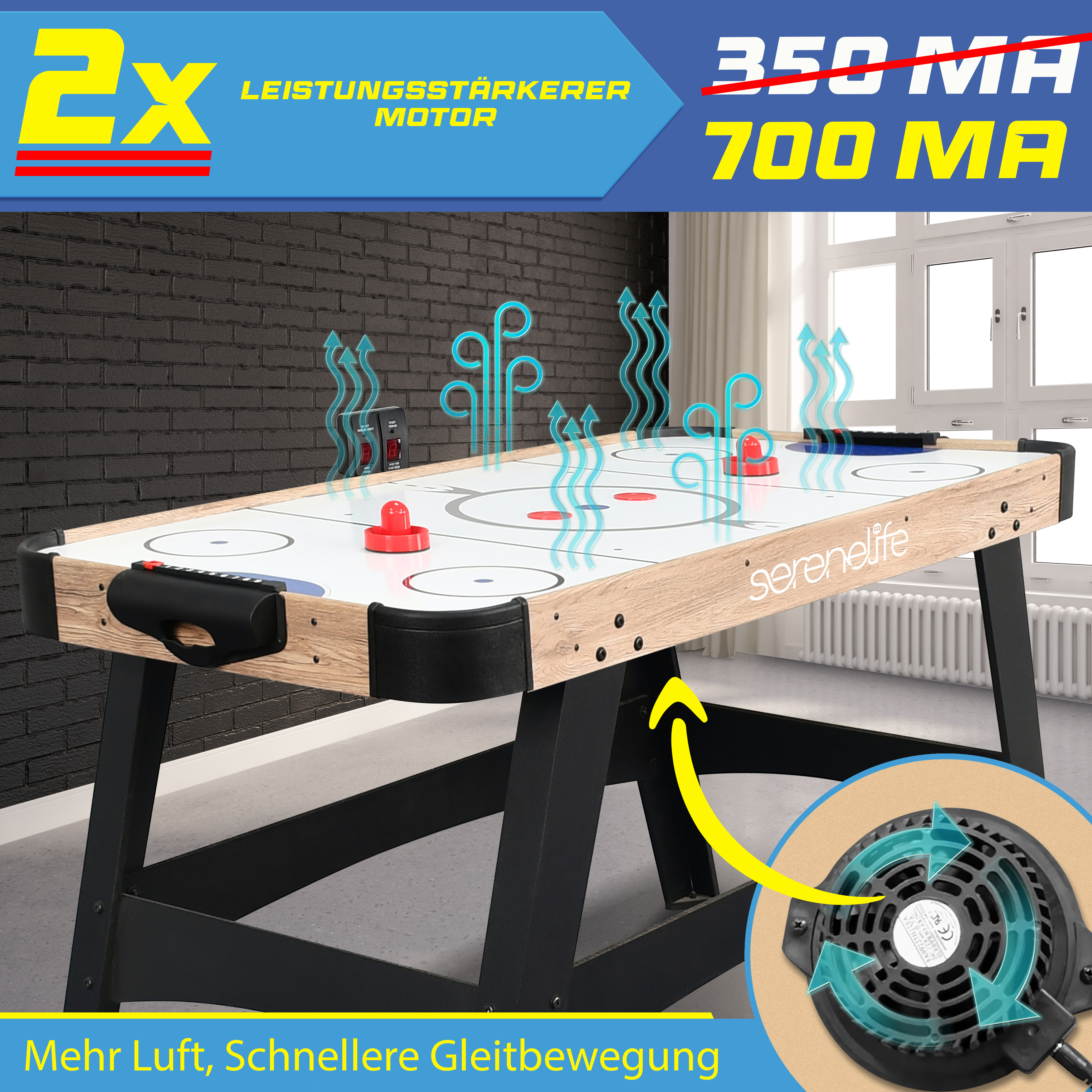 Airhockeytisch mit 2x stärkerem Motor, 700 MA, mehr Luft, schnelleres Gleiten.