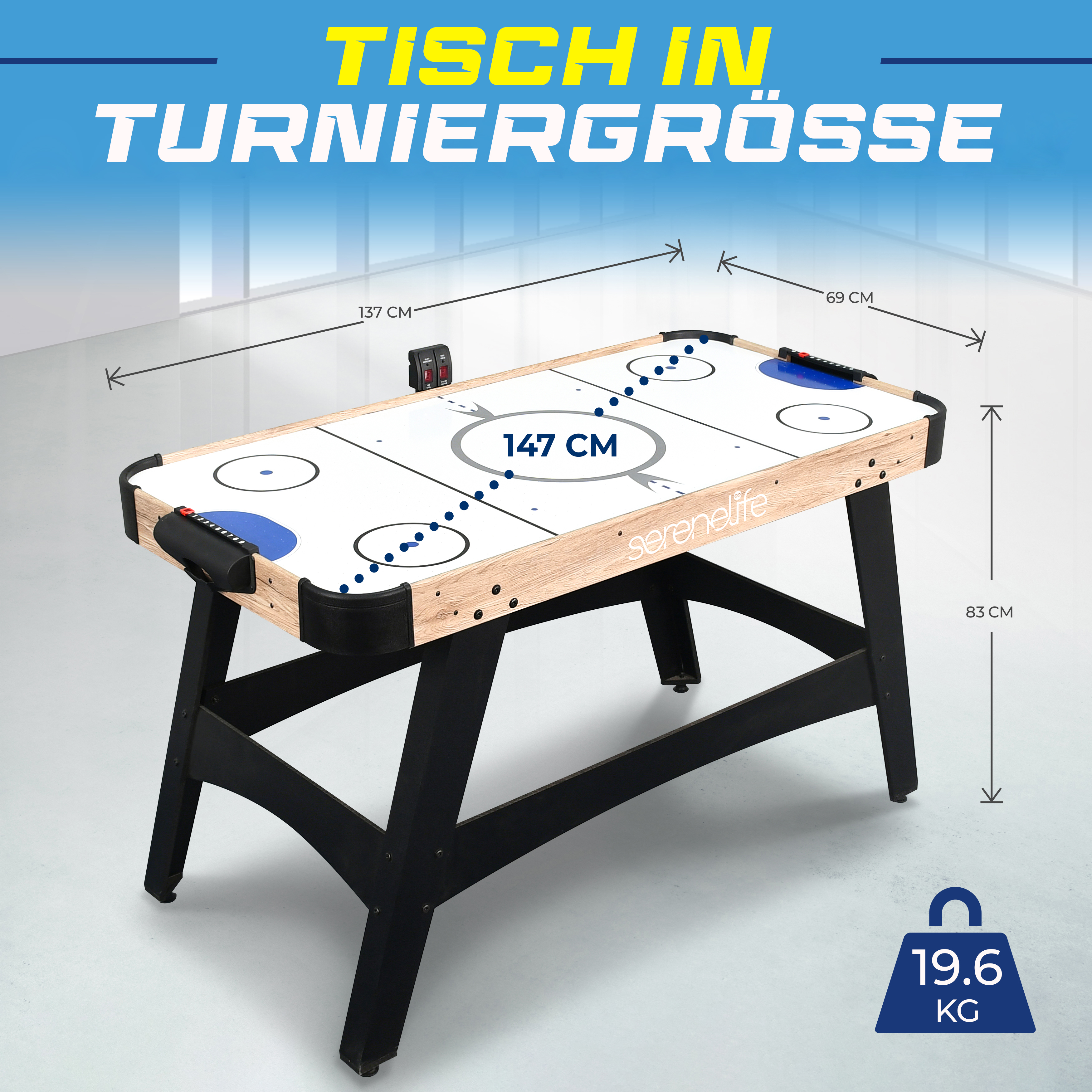 Ein Airhockeytisch mit Holzrahmen und schwarzen Beinen. Maße sind angegeben.