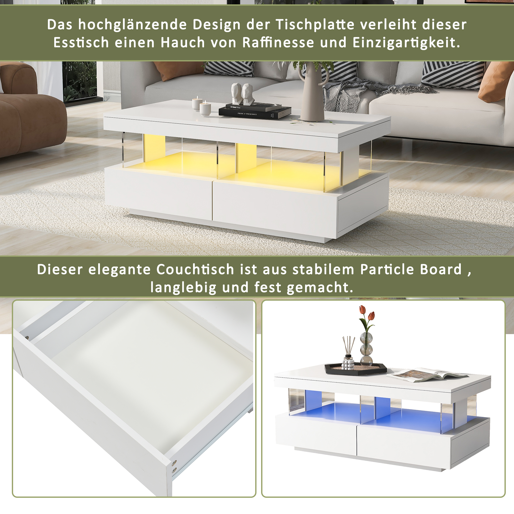 Moderner weißer Couchtisch mit LED-Beleuchtung und Schubladen.