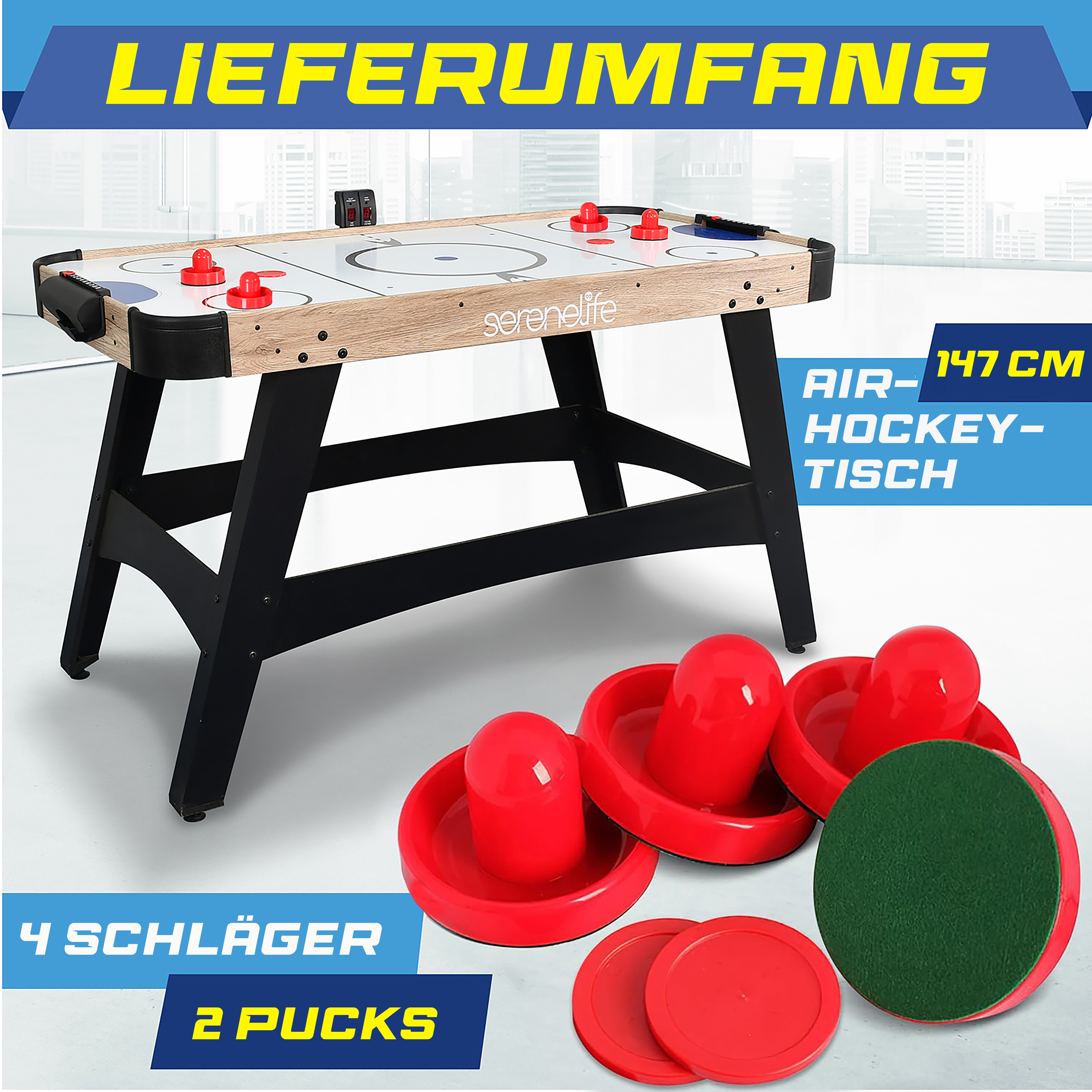 Ein 147 cm Air-Hockey-Tisch mit roten Schlägern und Pucks.
