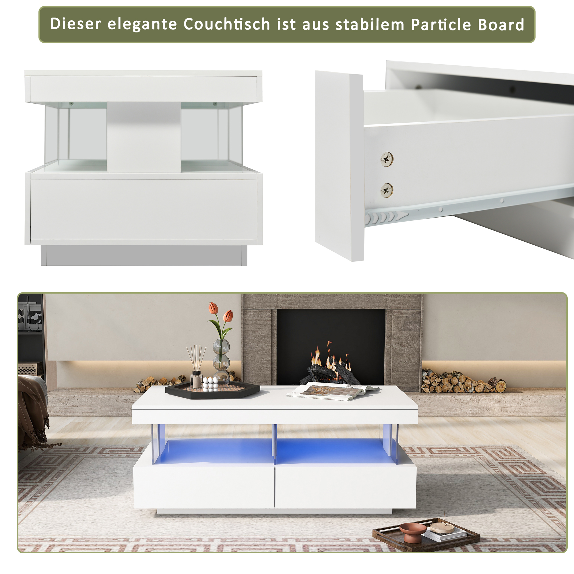 Moderner weißer Couchtisch mit LED-Beleuchtung neben einem Kamin.