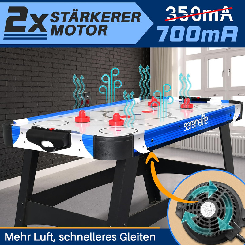 Air-Hockeytisch mit roten Schlägern, blauen Luftstromanzeigen und Text.