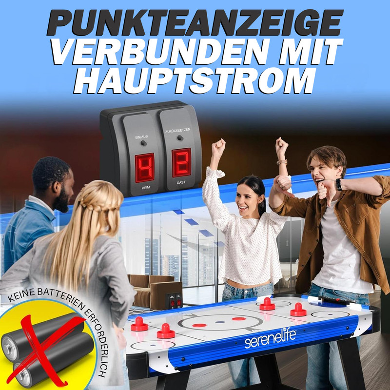 Airhockeytisch mit zwei jubelnden und einer enttäuschten Person, Punktanzeige im Bild.