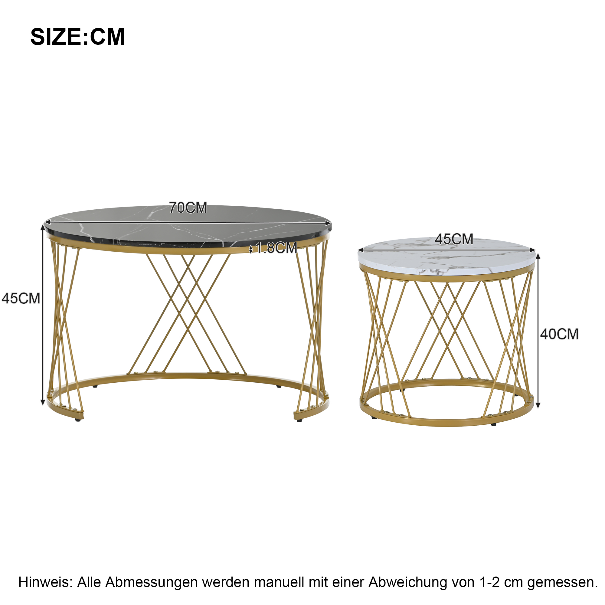 Zwei runde Tische mit Marmoroptik und goldenen Drahtgestellen, Maße angezeigt.