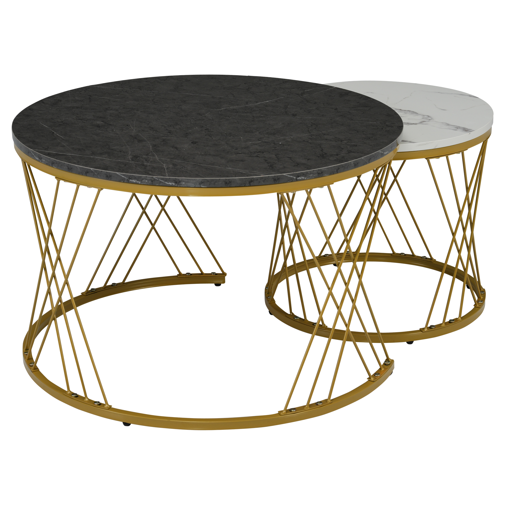 Zwei runde Couchtische mit Marmoroptik auf goldenen Drahtgestellen.