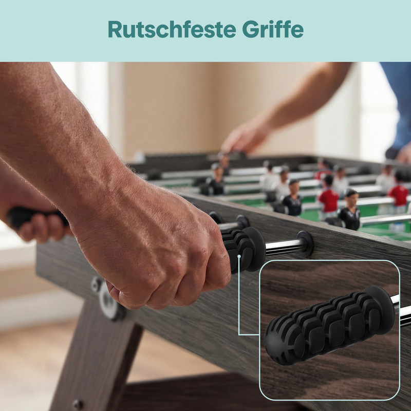 Nahaufnahme der Hände, die einen Tischfußballgriff halten. Eingeblendeter Griff.