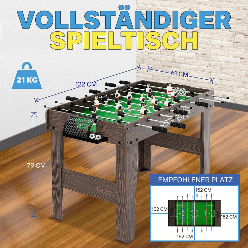 Ein hölzerner Tischfußballtisch mit weißen und schwarzen Spielern, Maße angegeben.