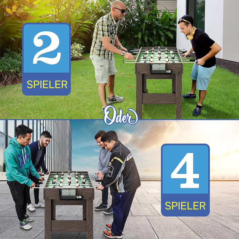 Zwei Männer spielen Tischfußball im Garten; vier Männer spielen Tischfußball draußen.
