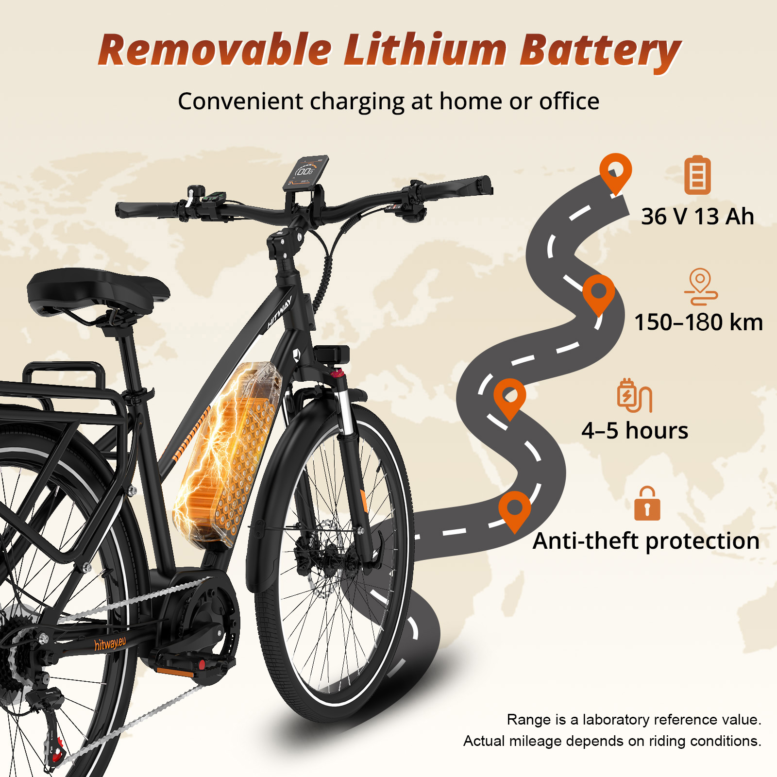 Bici elettrica nera con batteria rimovibile visibile. Specifiche: 36V 13Ah, autonomia 150-180km, carica 4-5h, antifurto.