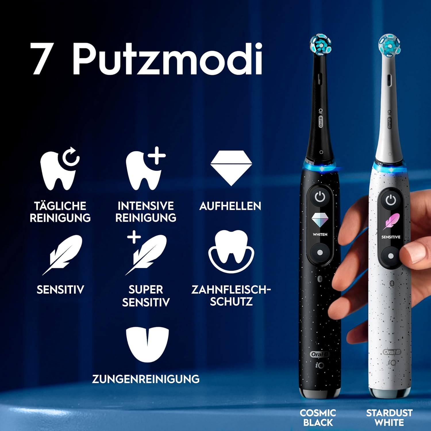 Zwei Oral-B iO Zahnbürsten: schwarz und weiß, mit Symbolen für 7 Putzmodi.
